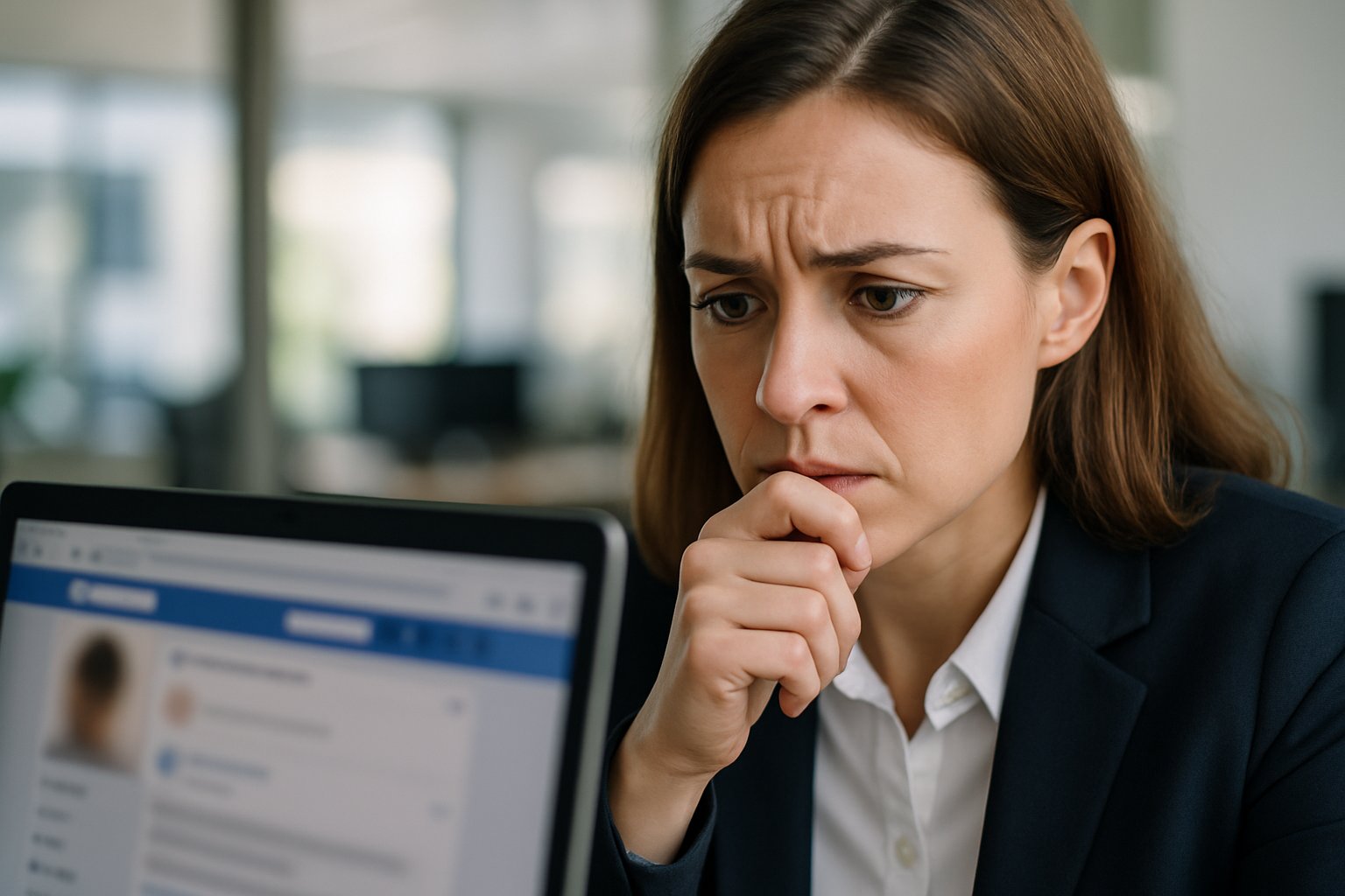 Businesswoman worried about Digital Undressing Spree privacy risks.