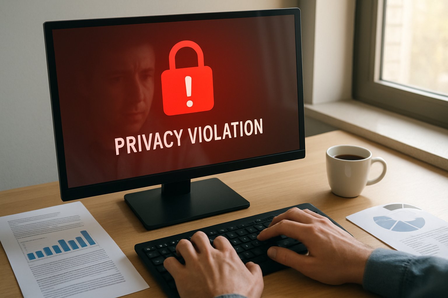 A marketer's computer with a Data Privacy Violation warning highlighted on-screen.