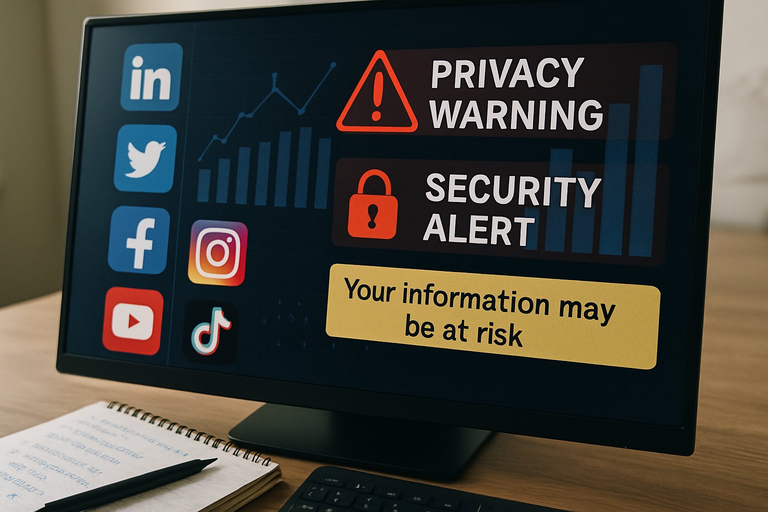 Computer screen with Social Media Data graphs and privacy warnings.