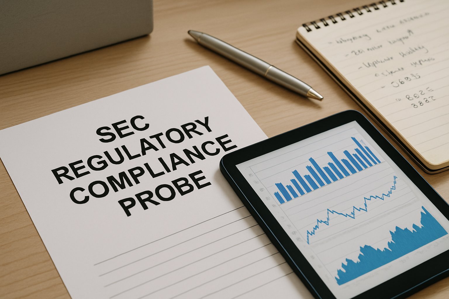 SEC Regulatory Compliance Probe documents and digital analytics on office desk.