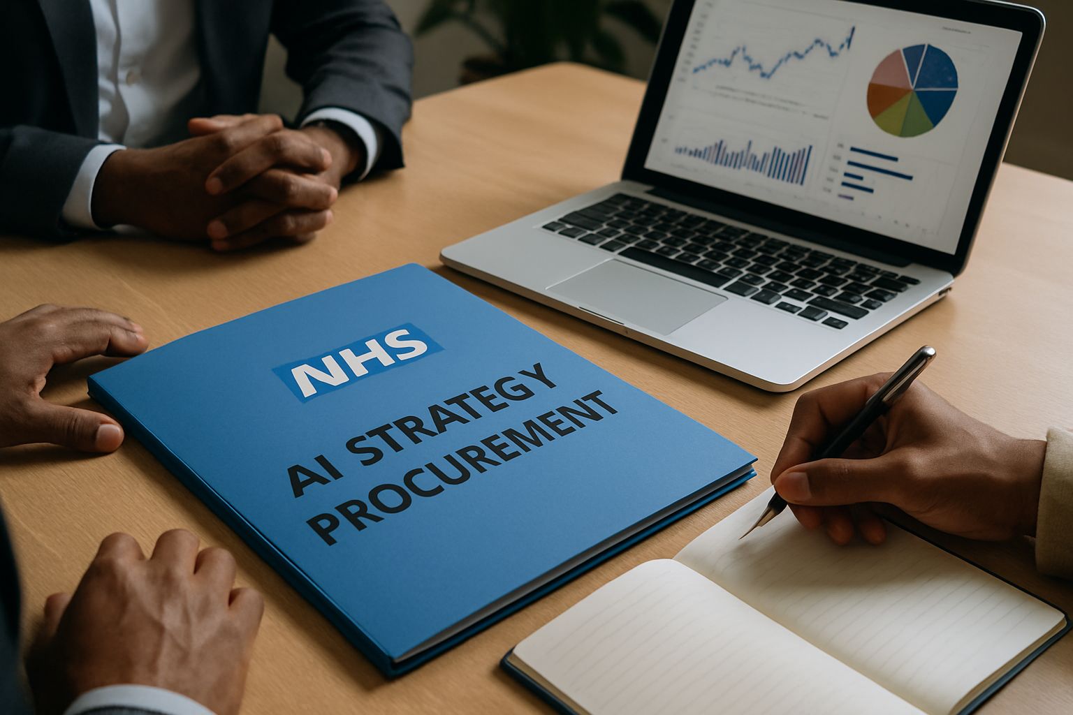 NHS AI Strategy procurement folder and professionals working with digital charts.