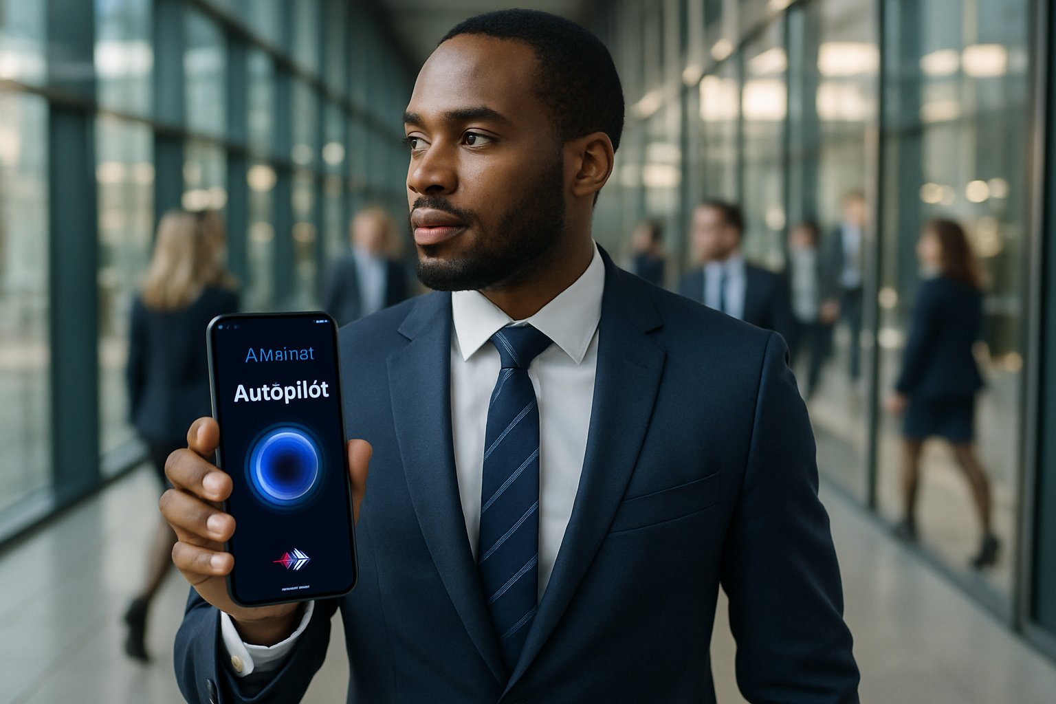 Business professional using AI Native Phone in office with autopilot function