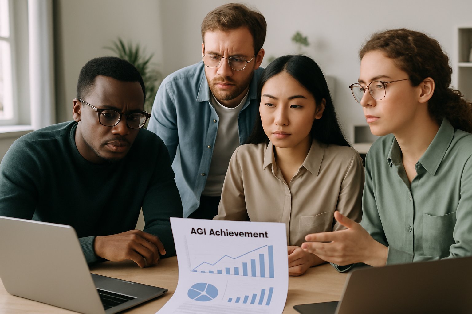 Tech team analyzes Nvidia's AGI Achievement with research charts and laptops