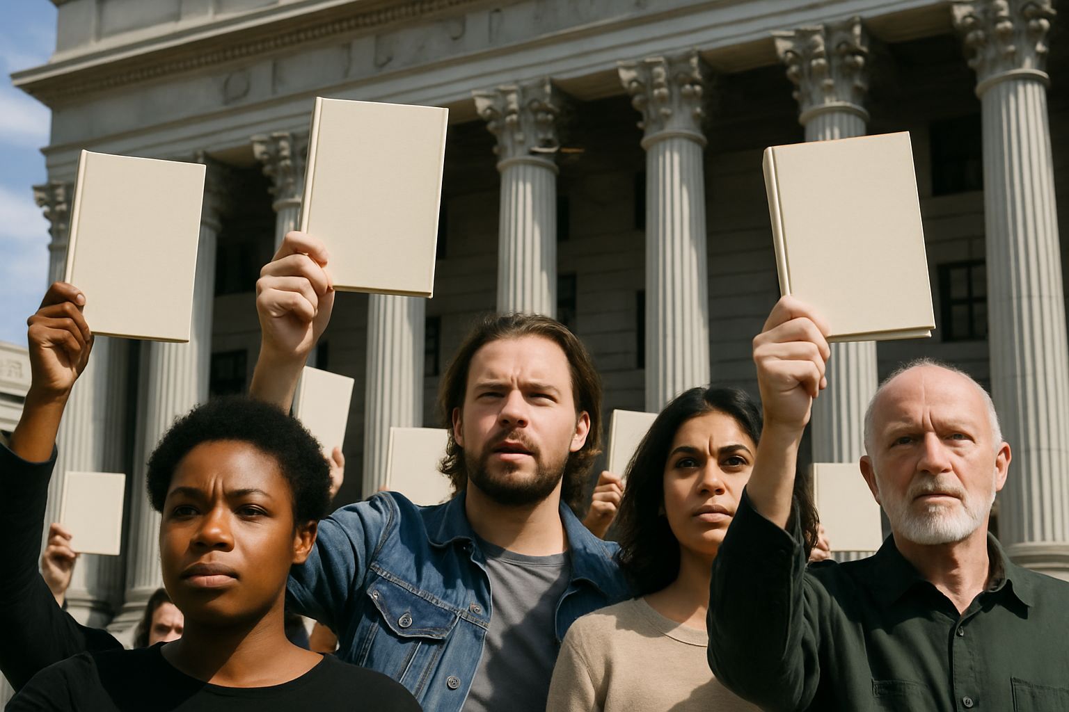 Protesters with blank books highlight Intellectual Property Sovereignty concerns