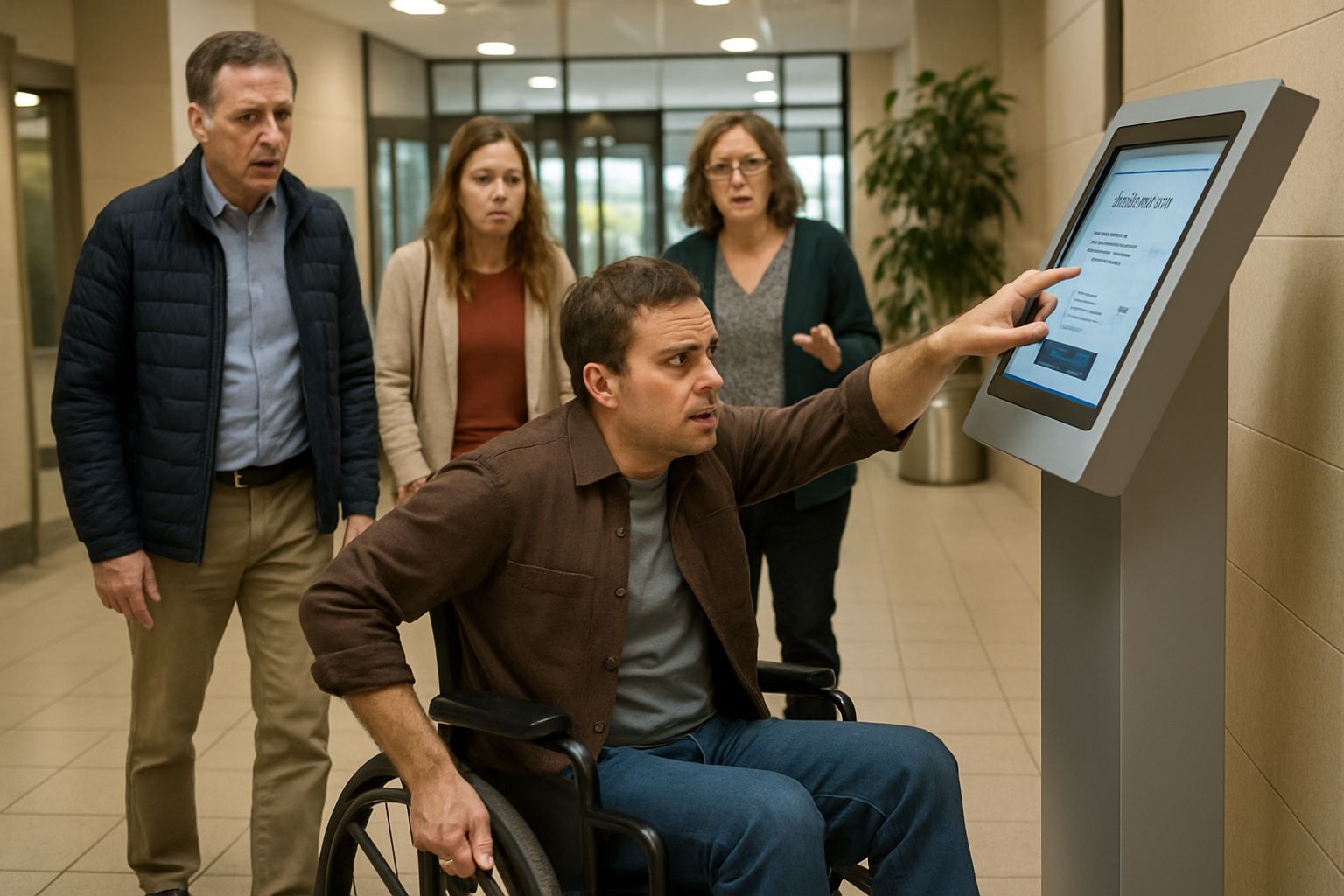 Wheelchair user encountering Inclusive Design Failure at inaccessible public kiosk.