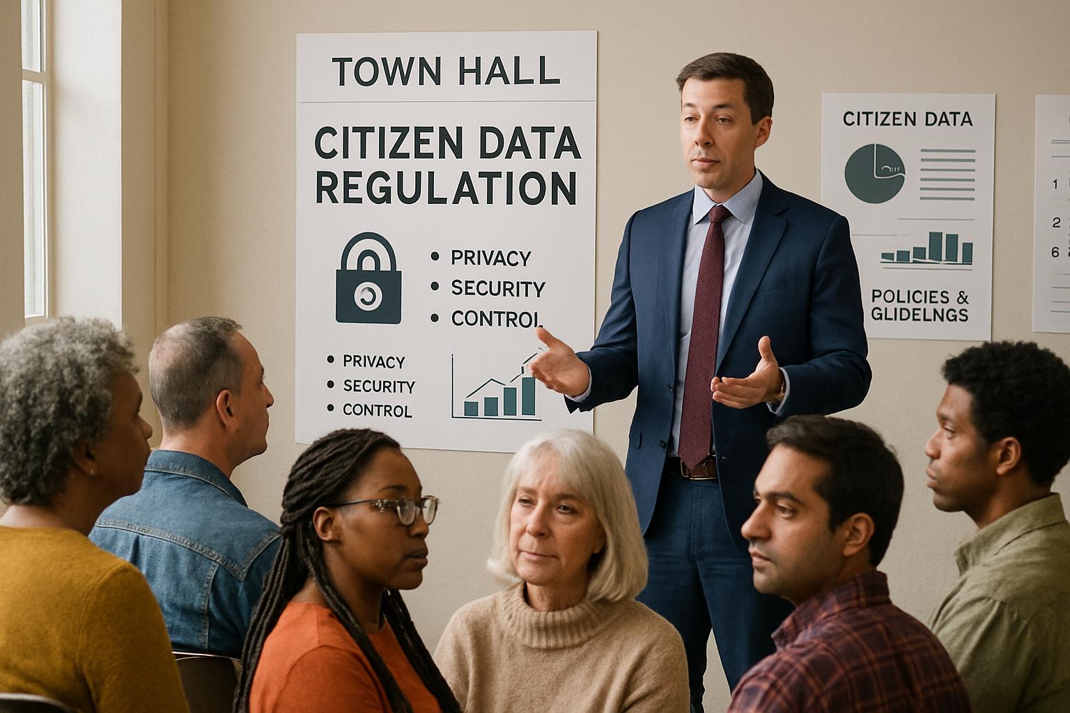 Public meeting about Citizen Data Regulation with diverse citizens and policymakers.