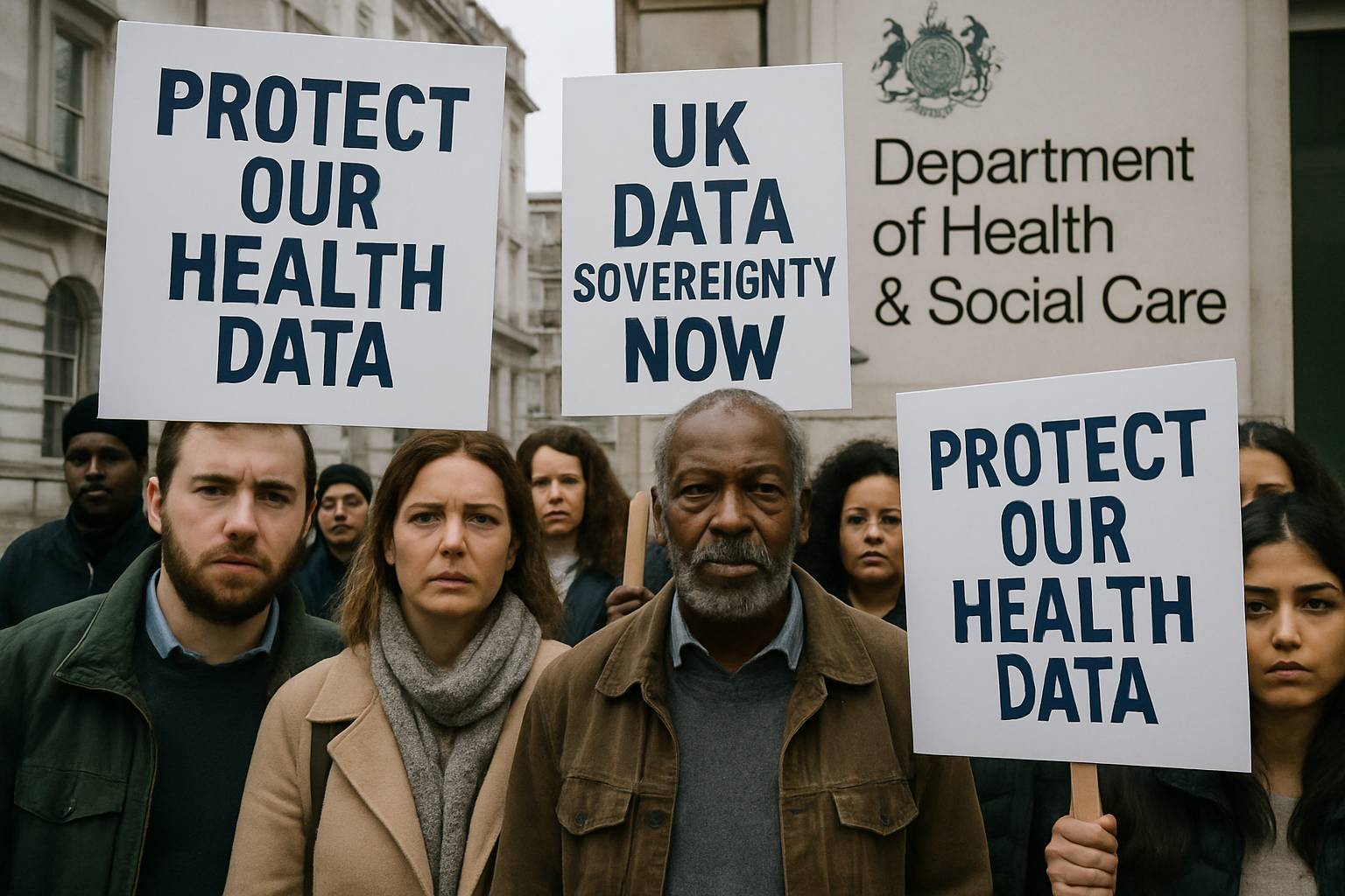 Citizens protest for UK Health Data Sovereignty outside London health department.