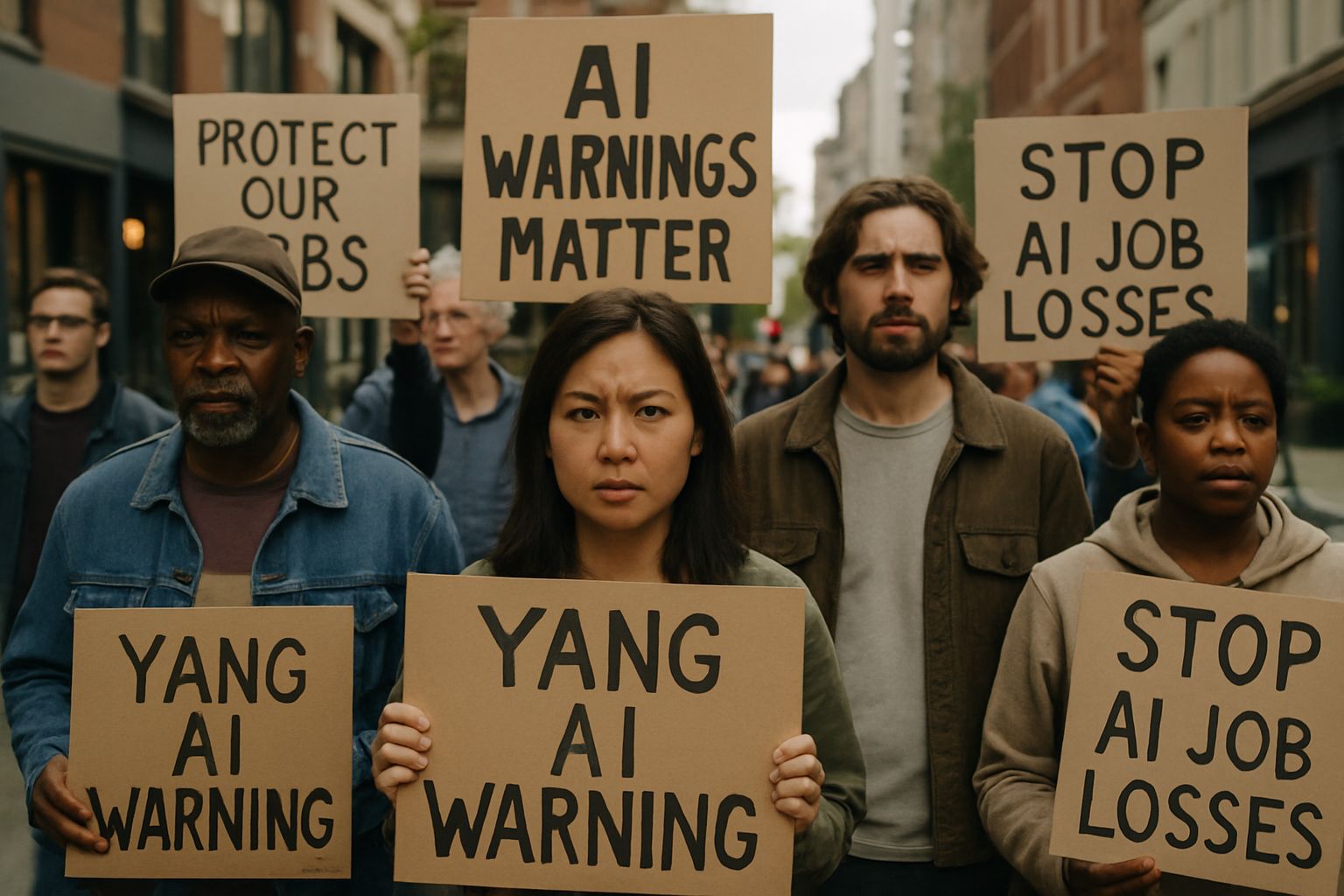 Protesters on city street responding to Yang AI Warning about AI-driven job risks.