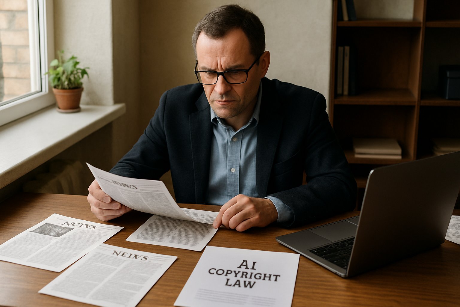 Publisher reviewing AI Copyright Law paperwork in a modern office.