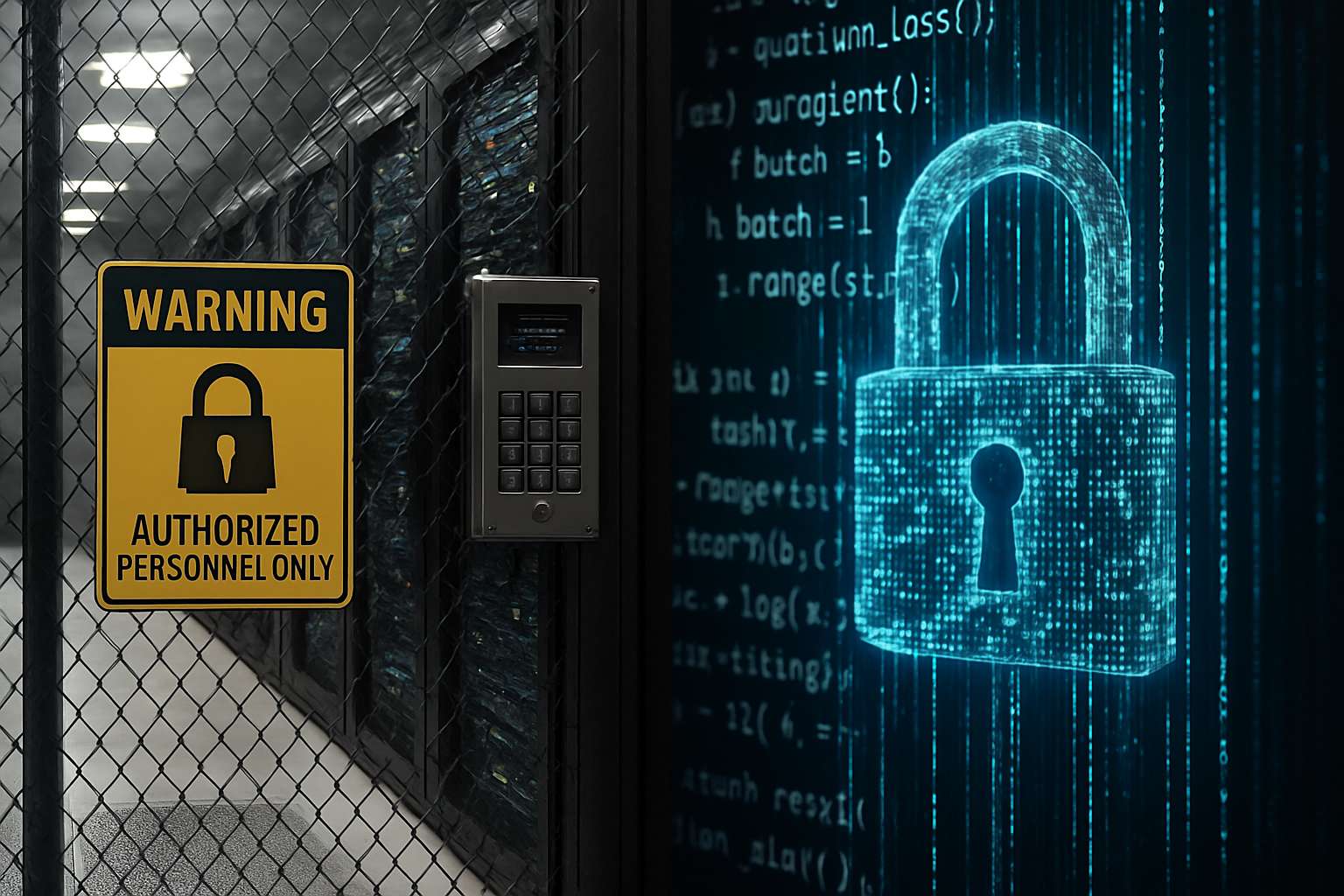 Cybersecurity Defense Gap illustrated by quantum AI breaching secure server room defenses.