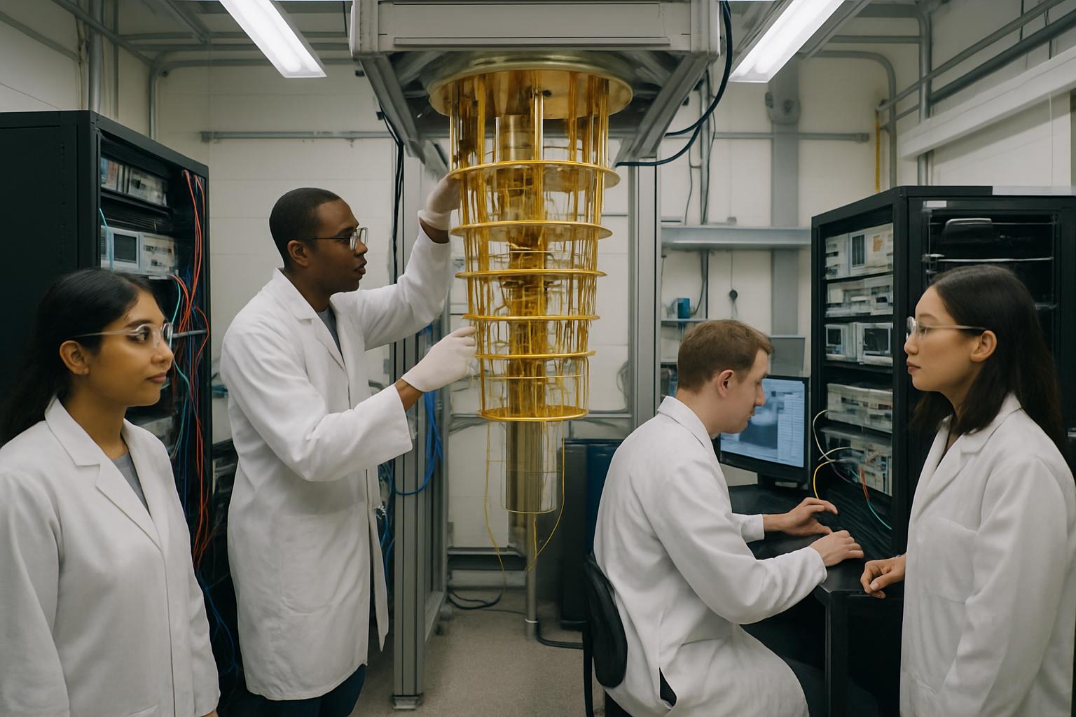 Scientists develop Quantum Computing hardware in a modern UK lab.