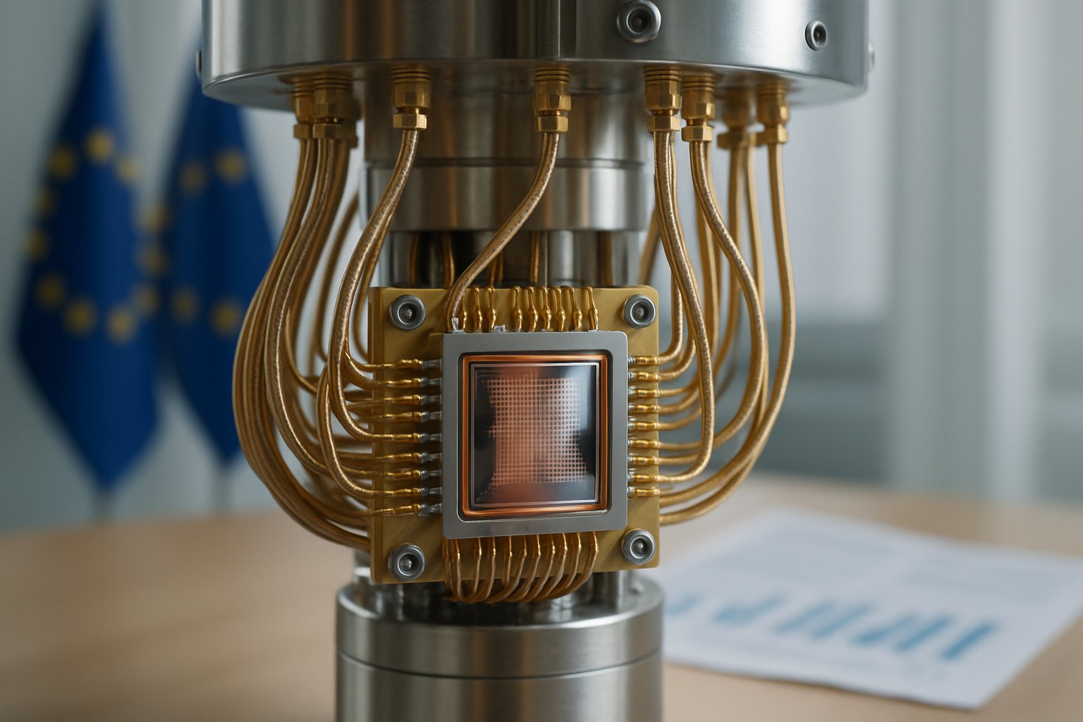Quantum computer processor with European flags illustrating AI Quantum Computing investment.