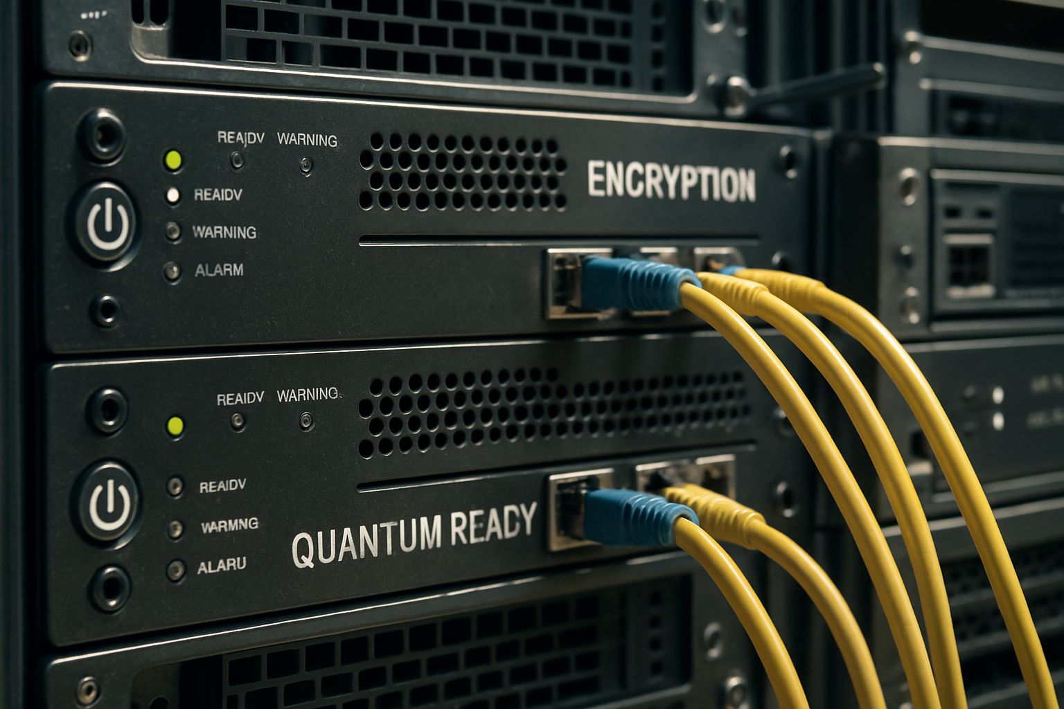 Post-Quantum Threat hardware security modules in a modern server room setting.