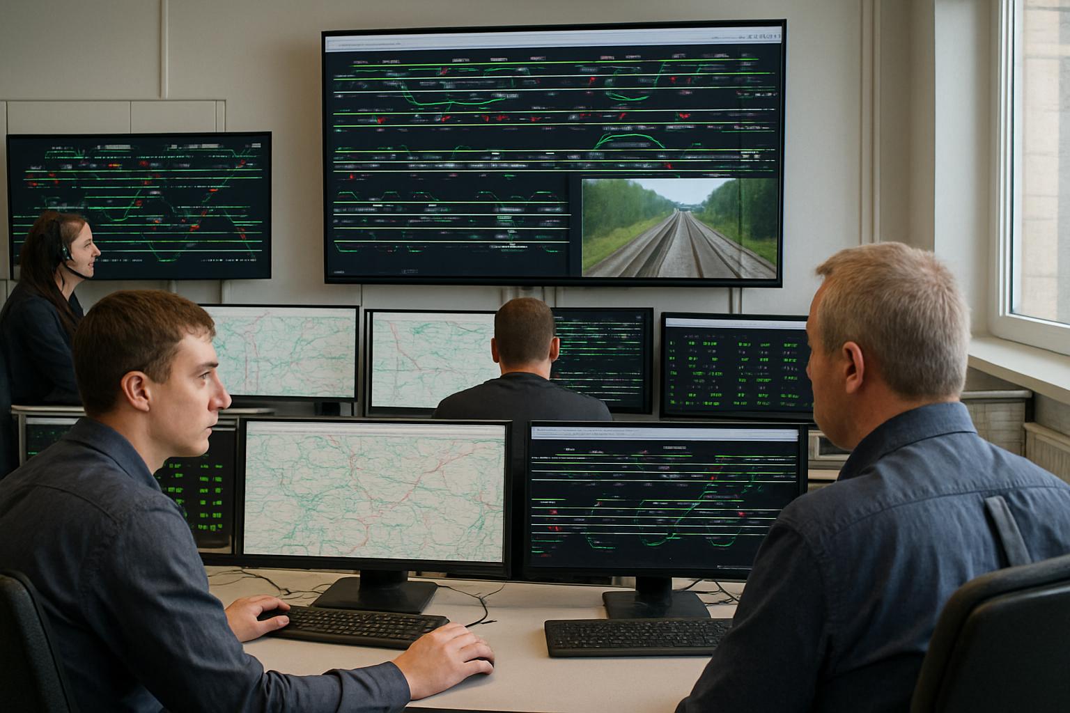 Railway Automation control room with operators monitoring network systems in real time.