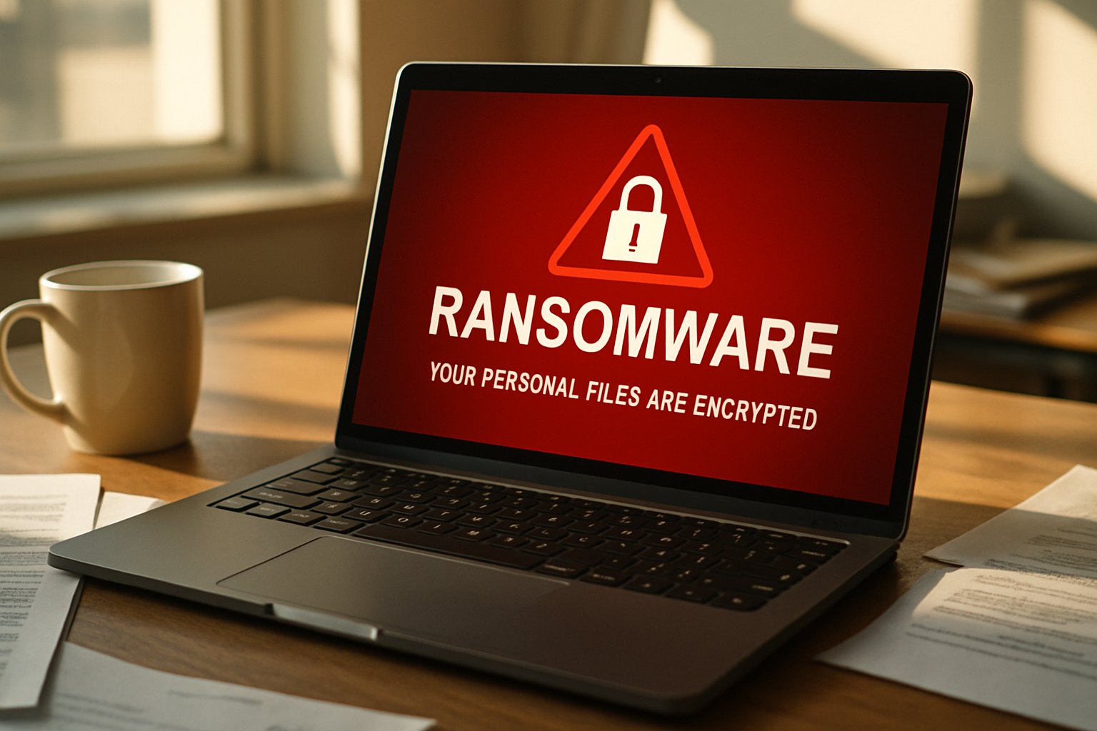 Malicious Code Trend illustrated by a realistic laptop ransomware warning.