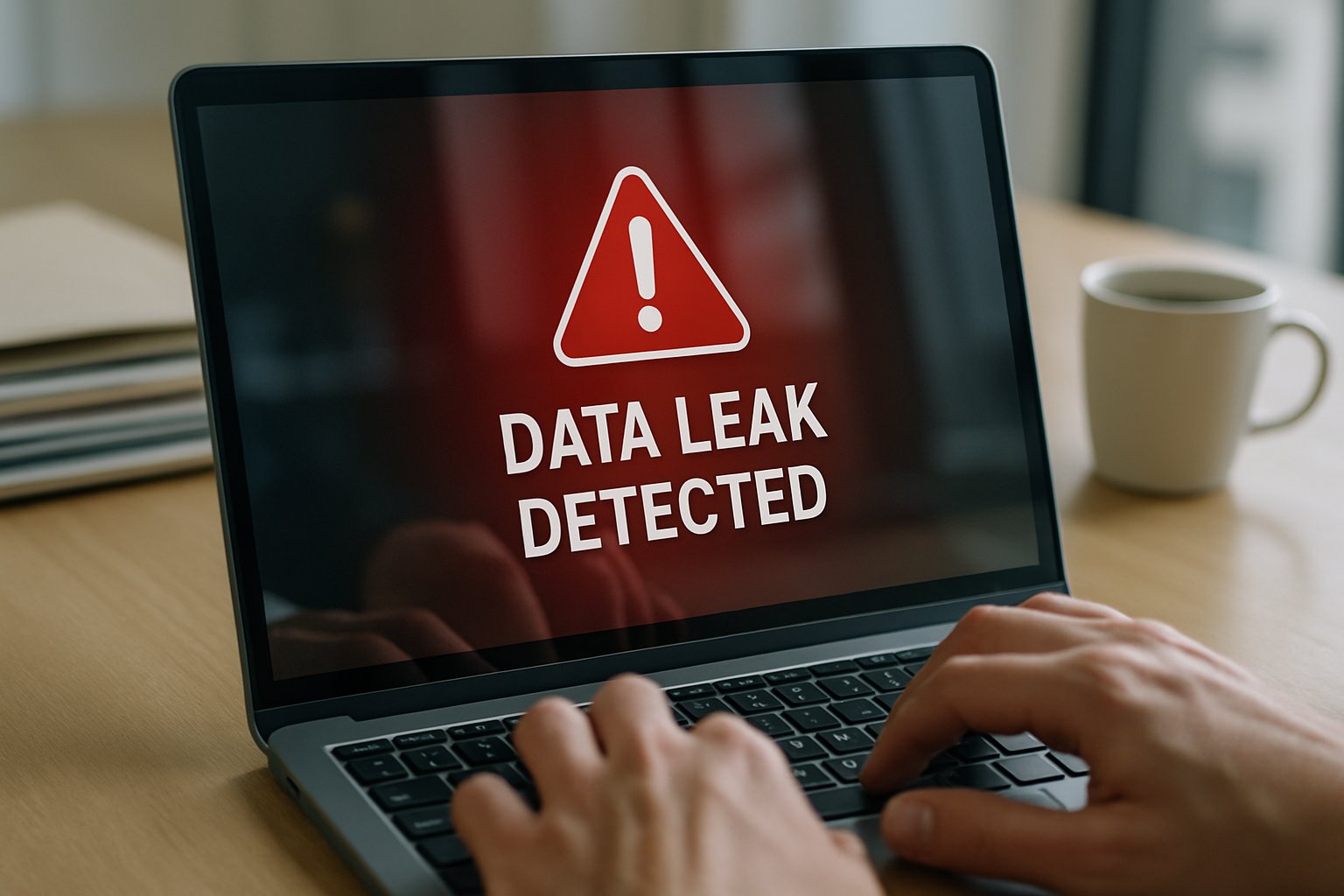 Computer with data leak alert highlights Enterprise Security risks.