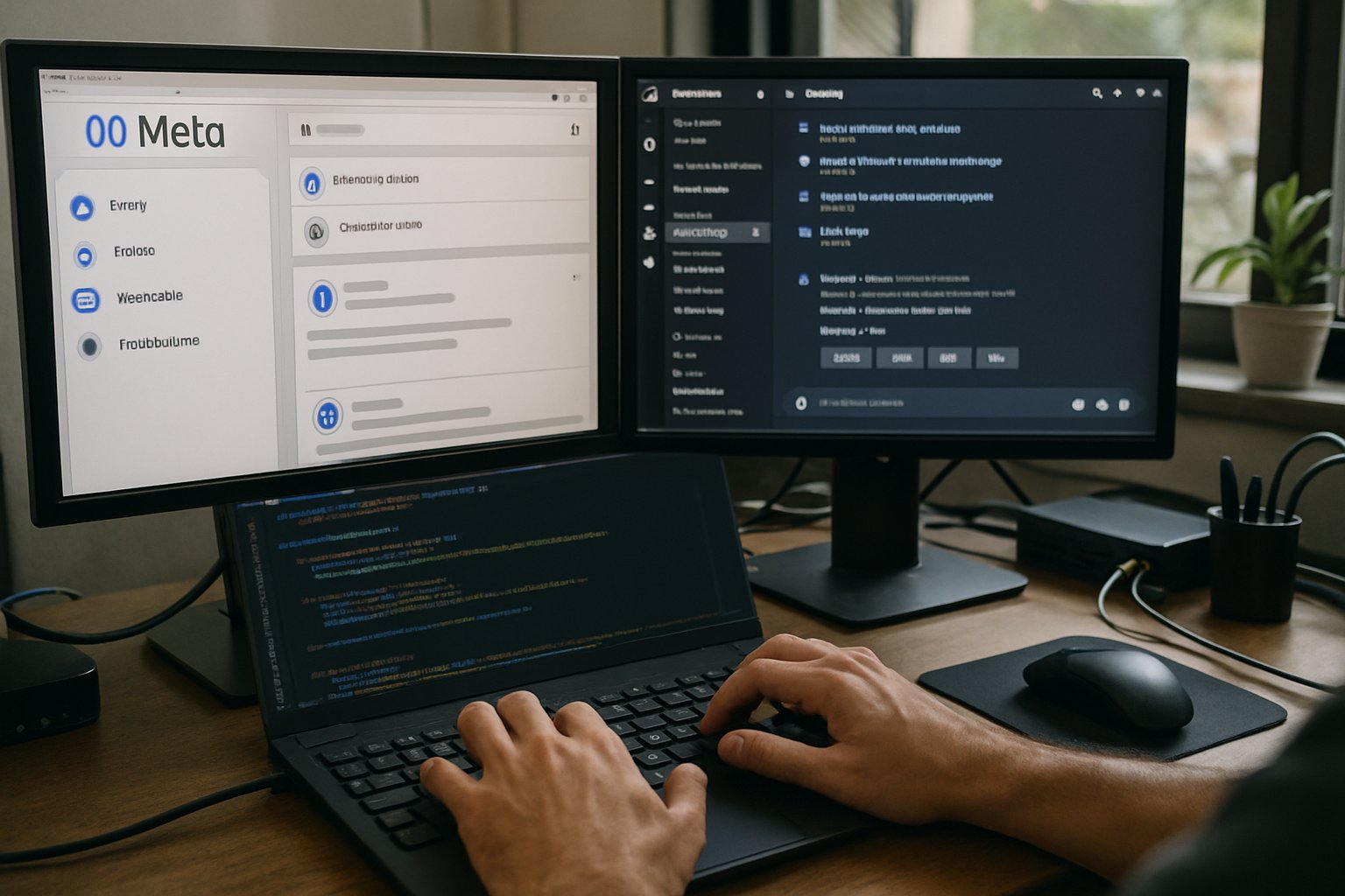 Meta Midjourney technology platforms on dual monitors in developer workspace.