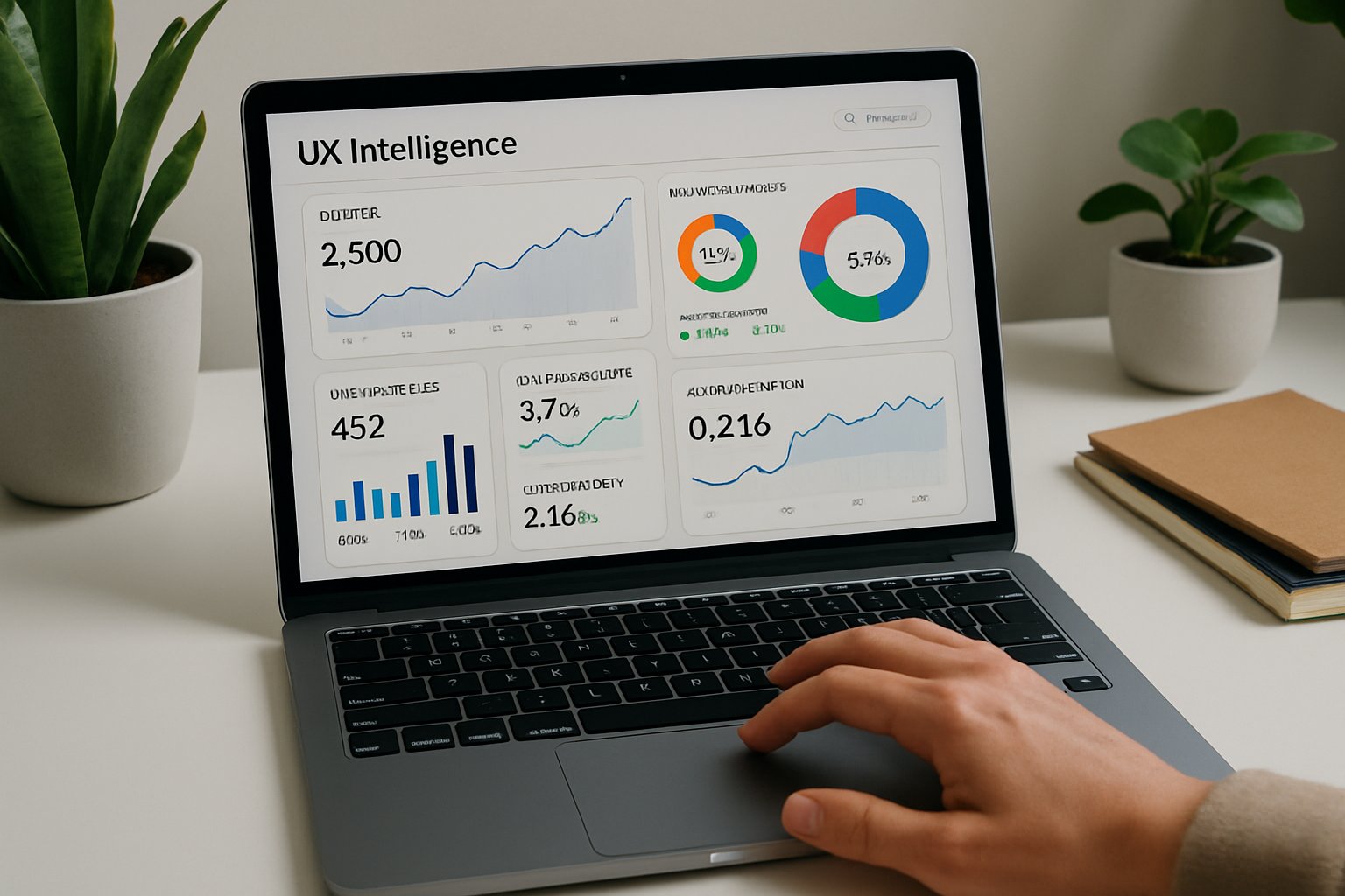 Laptop showing UX Intelligence dashboards and analytics charts