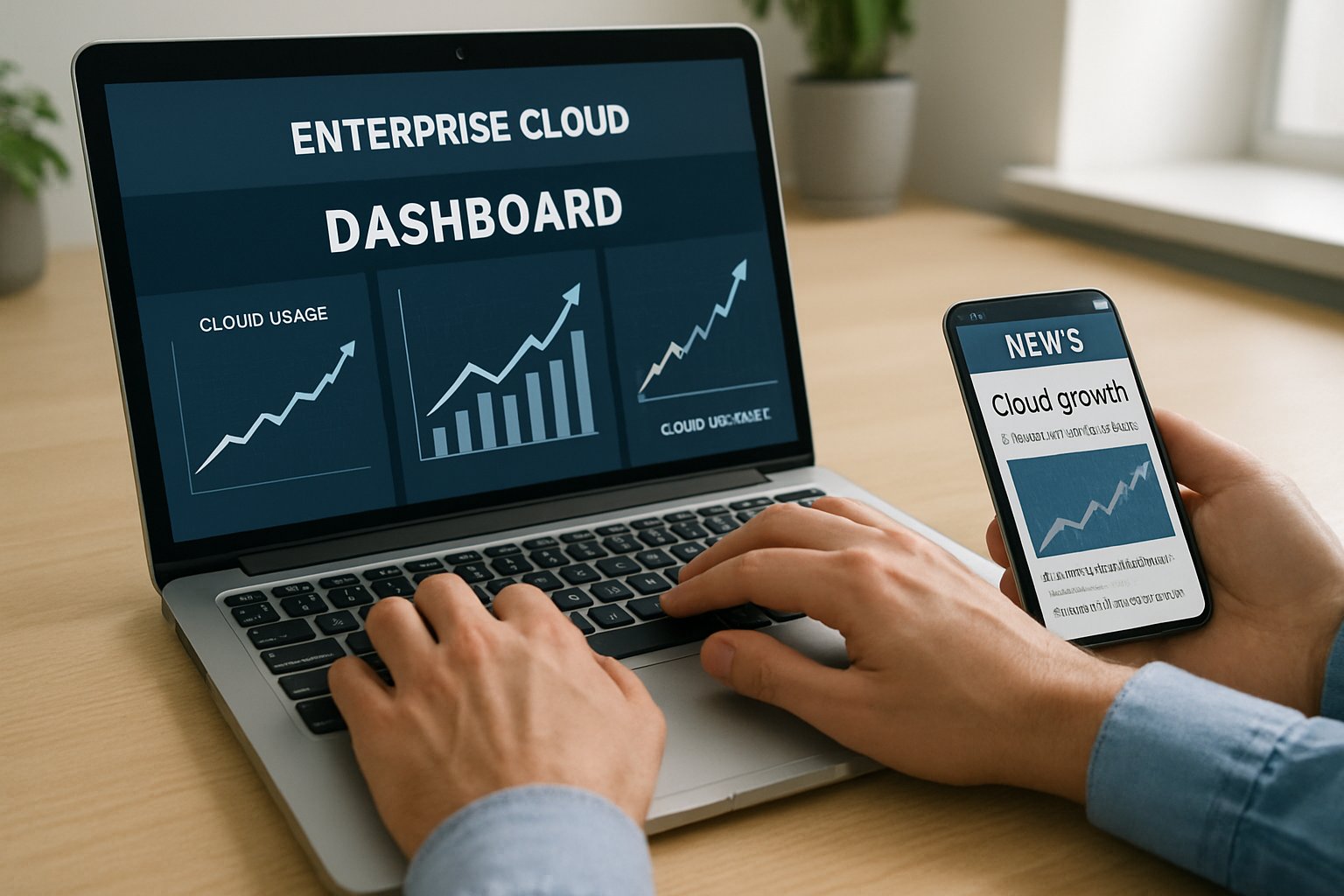 Laptop displaying enterprise cloud growth dashboard and analytics graphs.