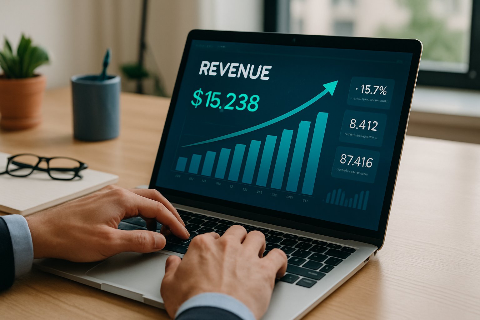Analyst monitoring Digital Revenue statistics on a laptop dashboard.