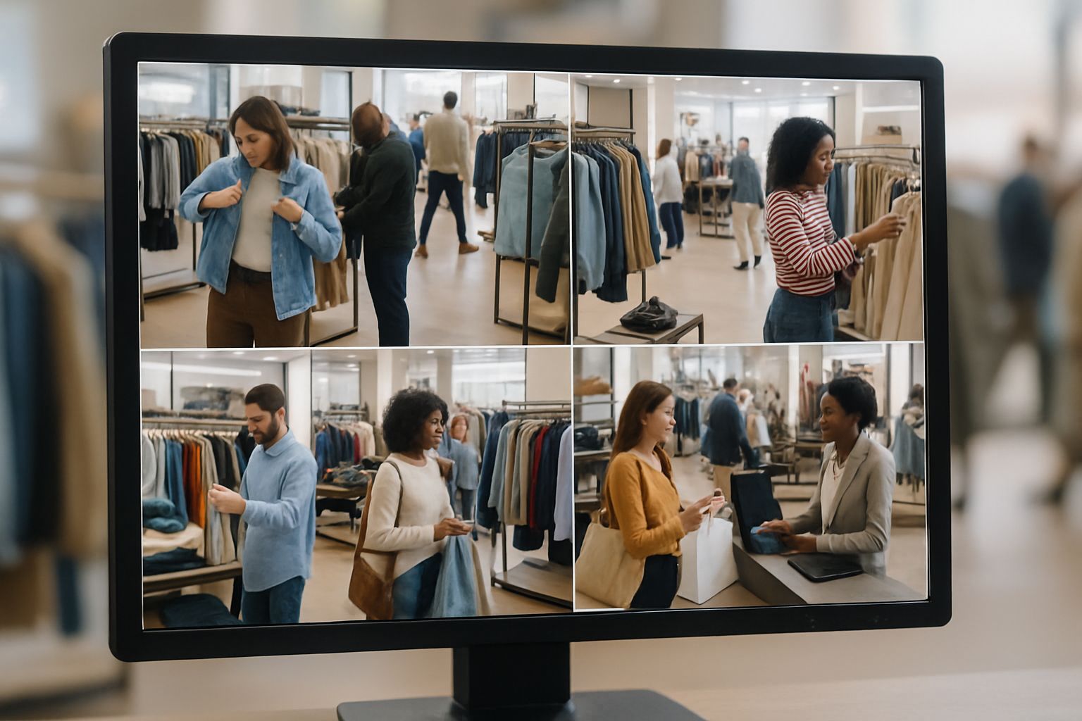 Retail Psychology Surveillance monitor showing live feeds of customer behavior in a clothing store