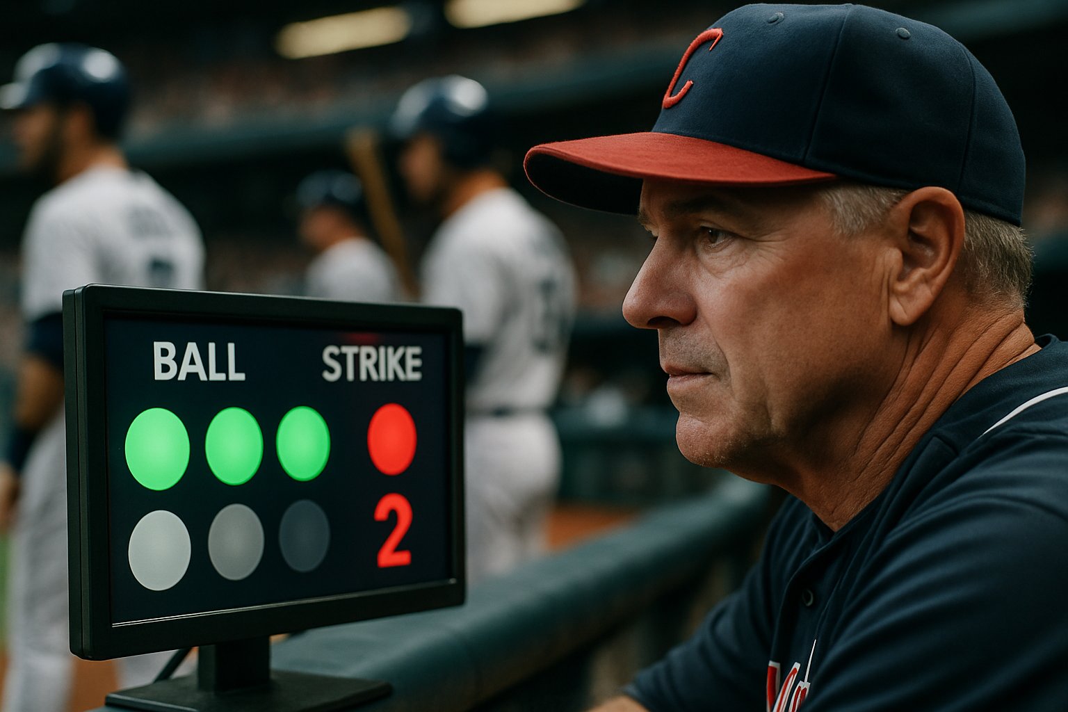 Coach reviews Robo-Ref System data in MLB dugout.