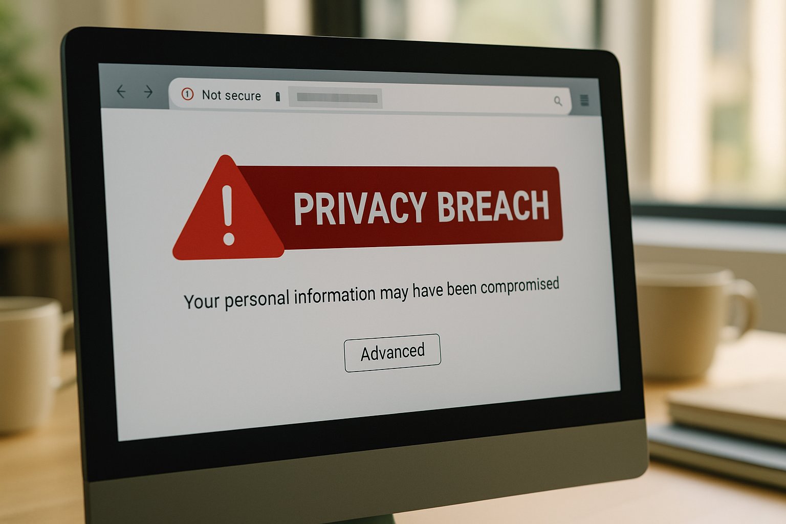 Desktop browser warning about Minor Privacy Breach in realistic work setting.