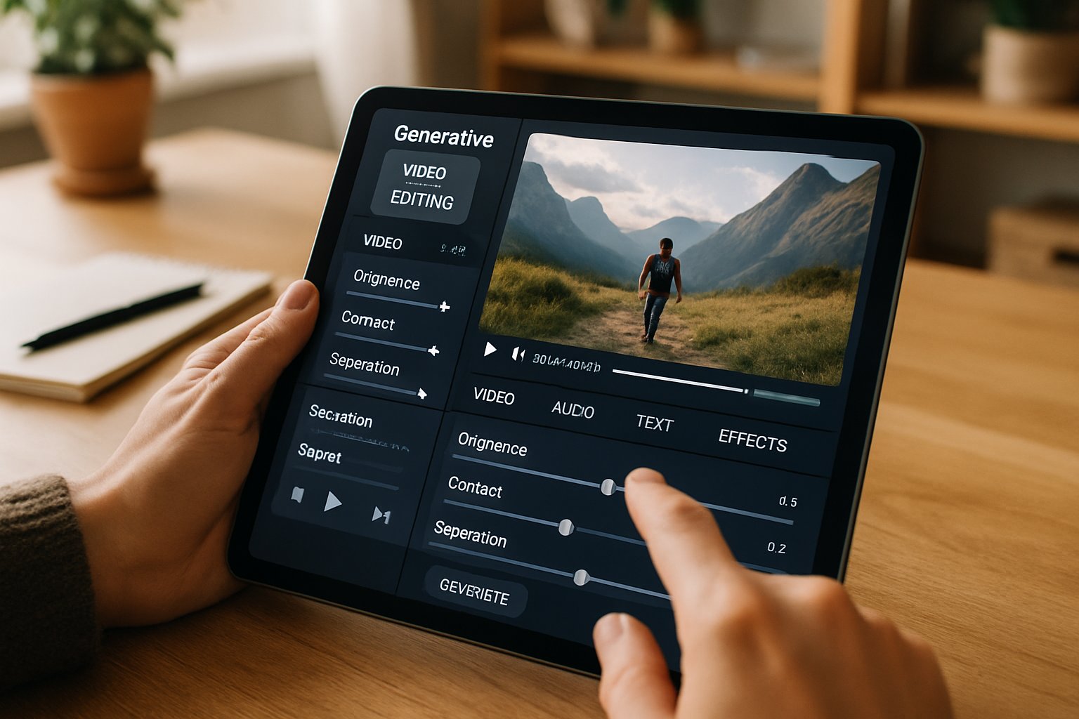Creator refining Generative Video UX on editing tablet at home