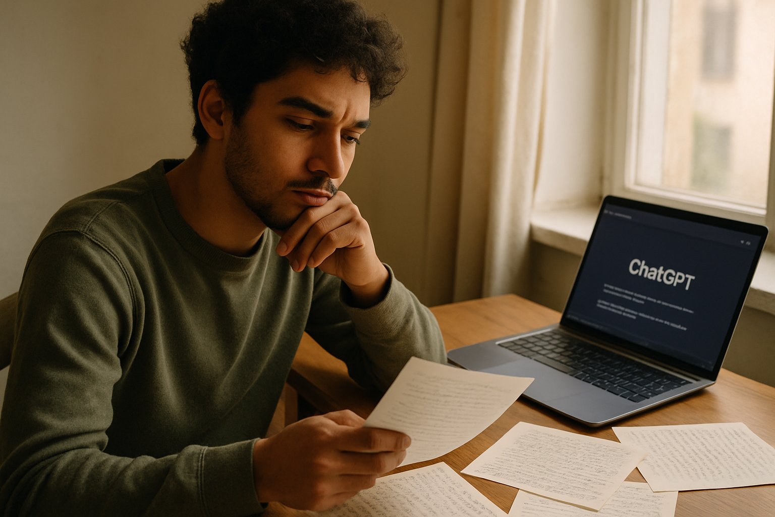 Student reflecting on ChatGPT's impact on Cognitive Performance with research papers and laptop.