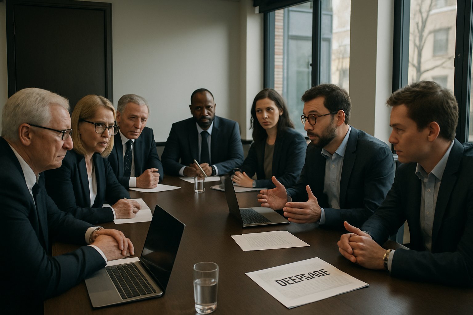 Regulatory officials and executives discuss Deepfake Probe crisis in modern meeting room.