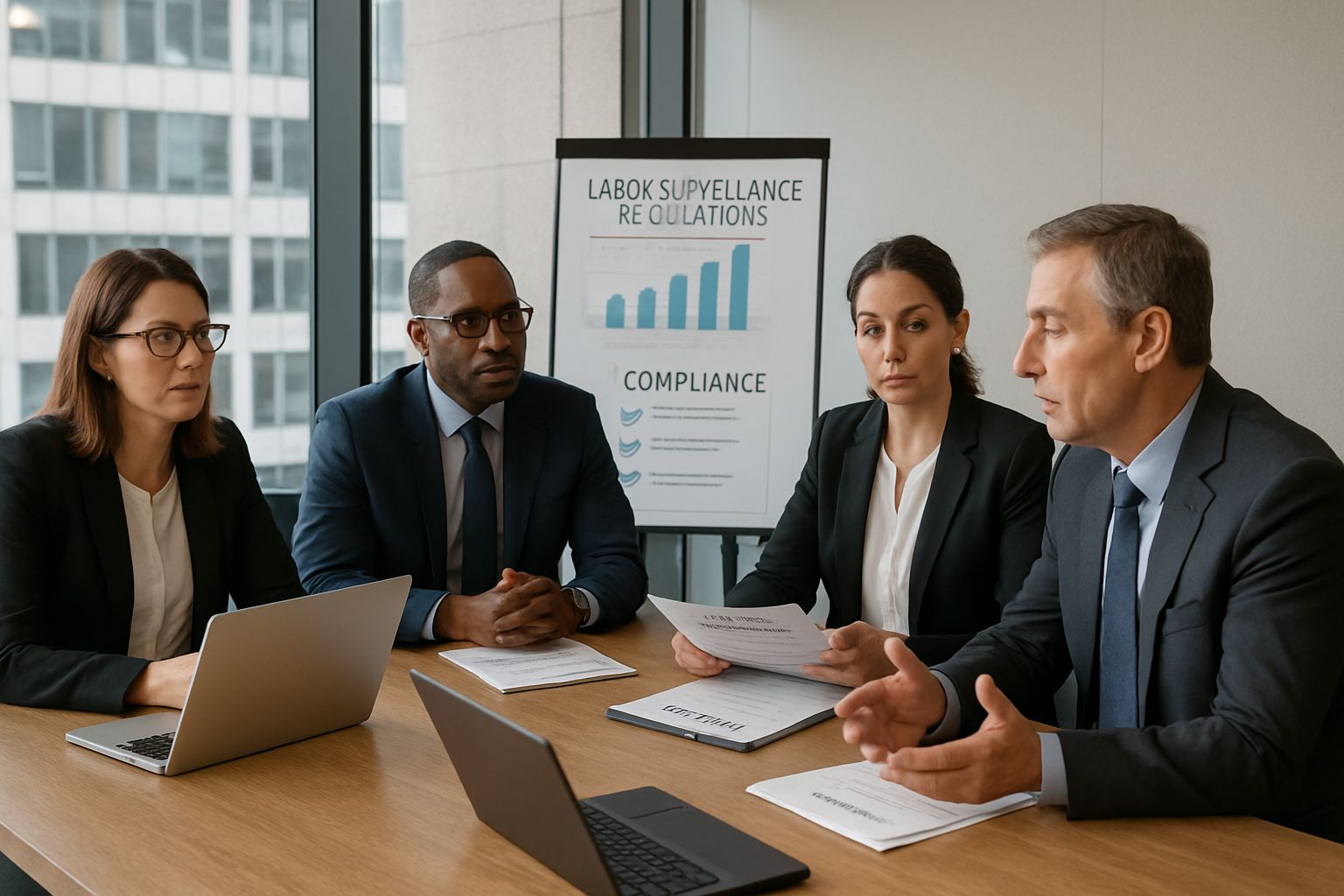 HR professionals discussing Labor Surveillance System regulations in office meeting.