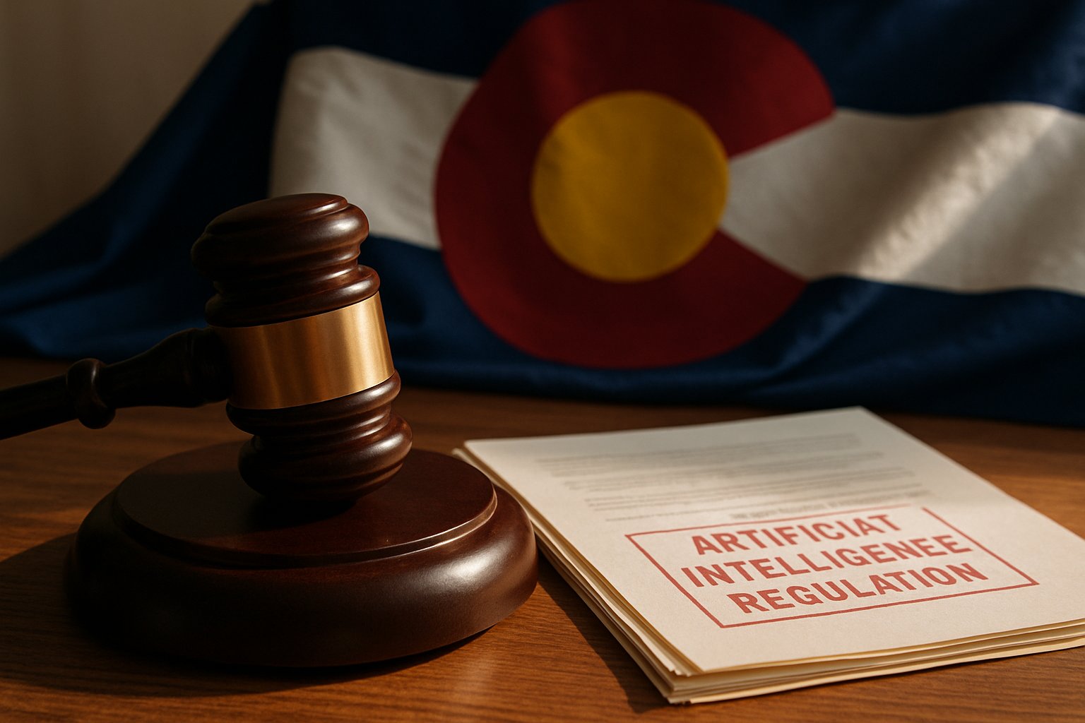 Judge's gavel and Colorado AI Law regulation papers on a wooden table with state flag in background.