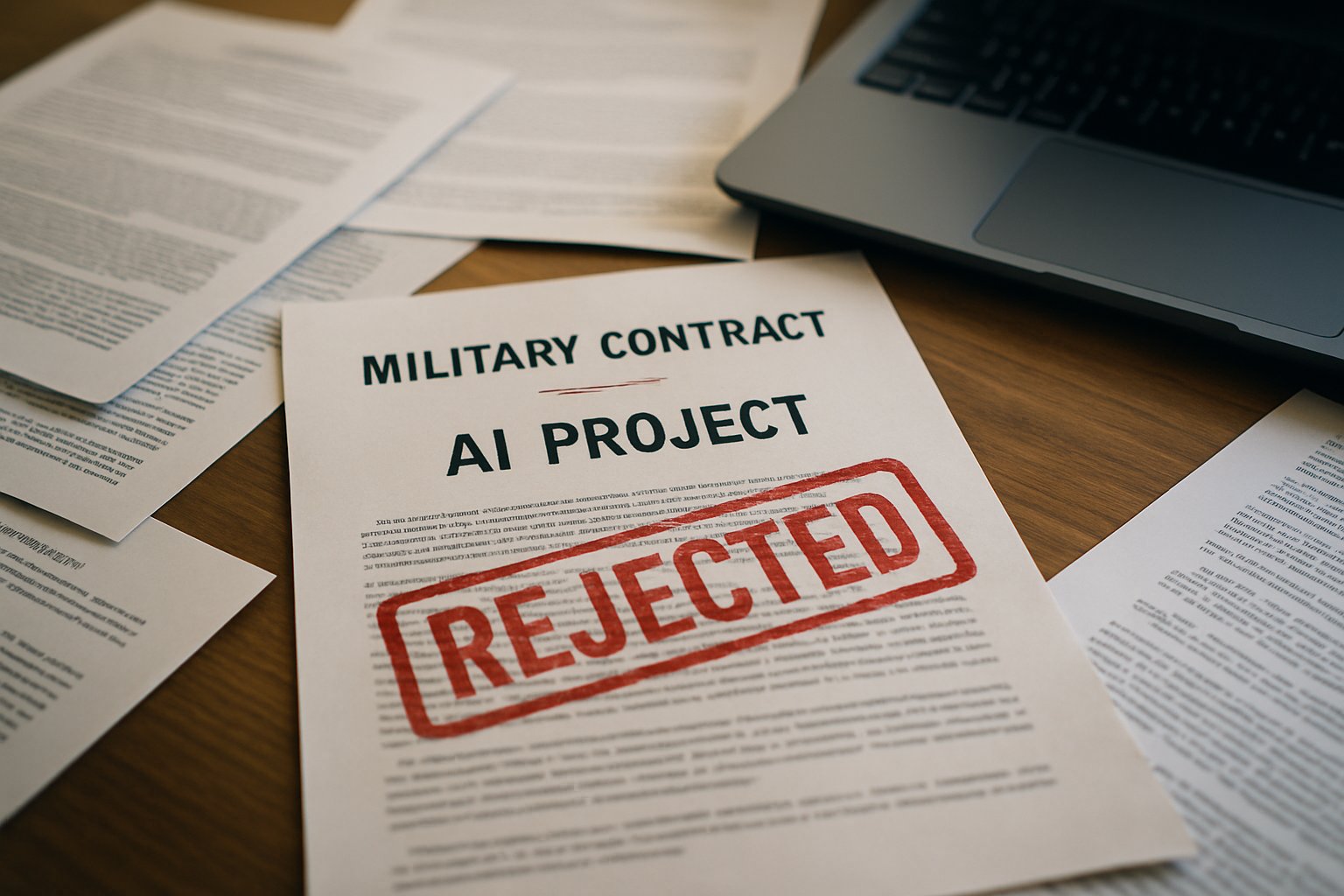 Rejected Military AI Contract document on office desk.
