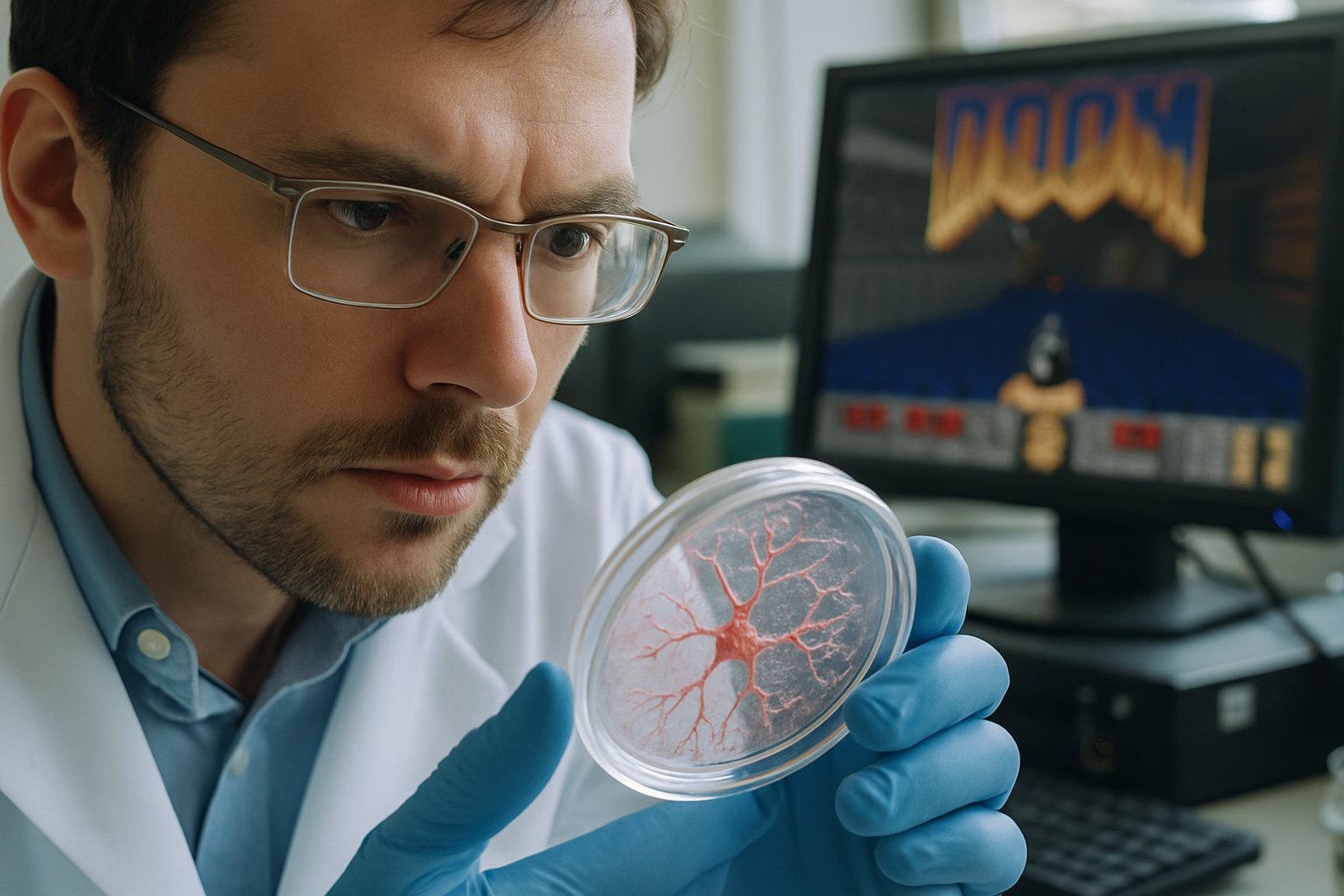 Biological AI Computing researcher analyzes neural tissue playing DOOM in real lab