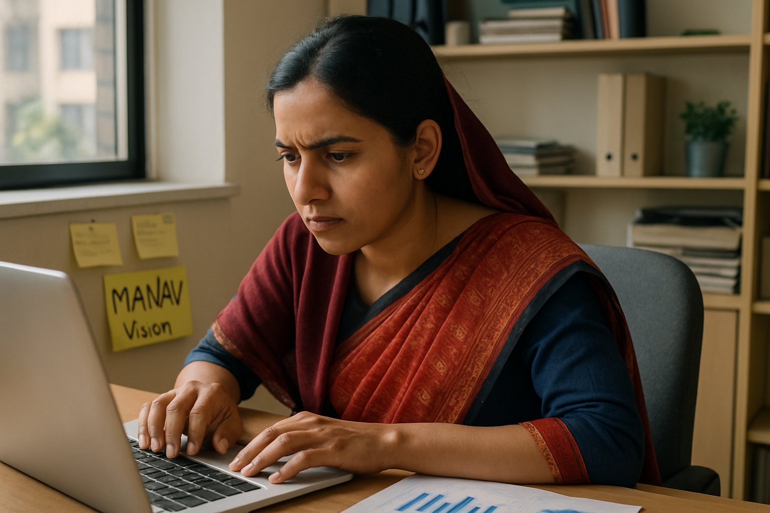 Woman researcher analyzes data for MANAV Vision inclusive AI initiative.