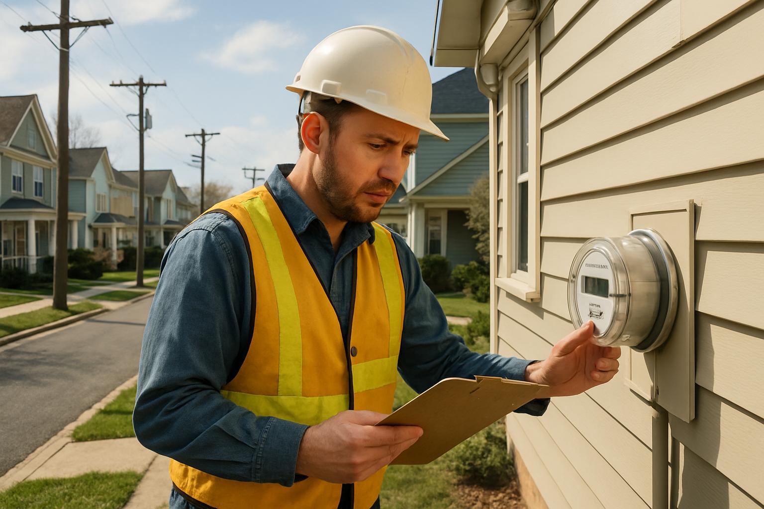 Utility worker reads residential meter in Virginia amid Utility Prices debate.