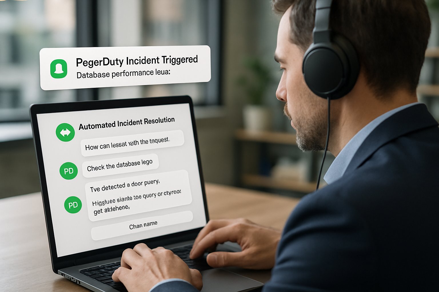 Incident Management analyst resolving incidents via PagerDuty on laptop.