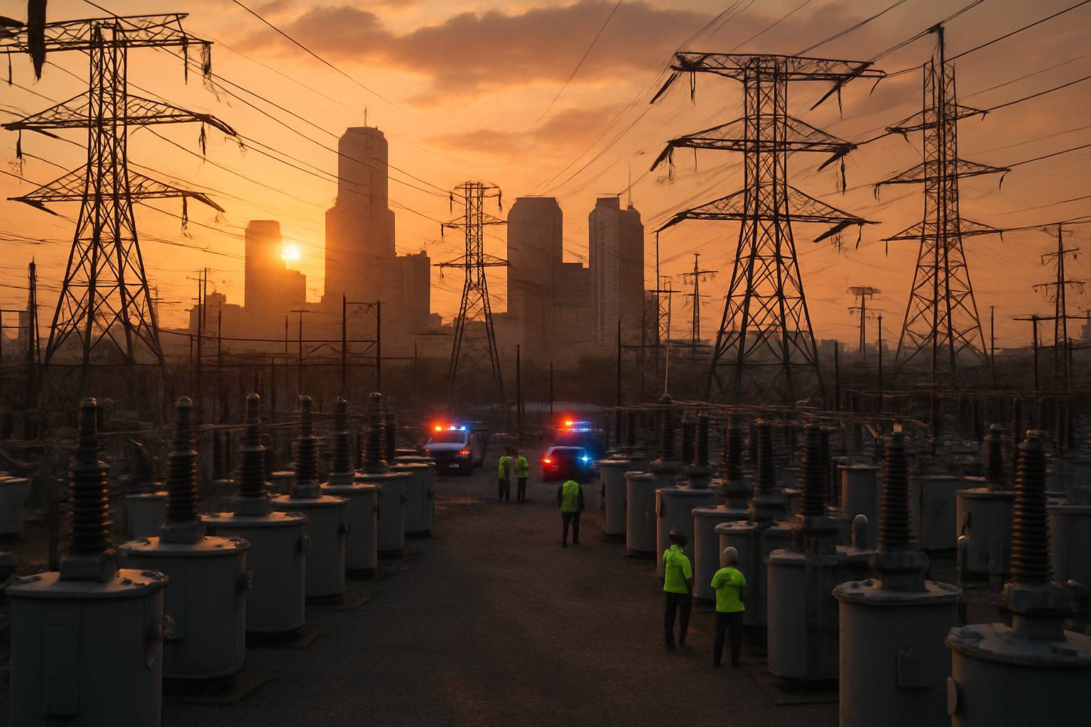 Electrical substation during Critical Infrastructure Failure response at sunset.