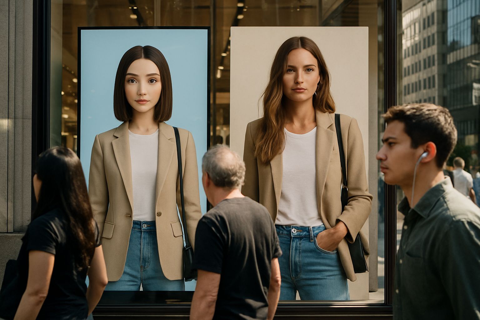 Shop window contrasts Synthetic Influencer Economy digital and human influencers.