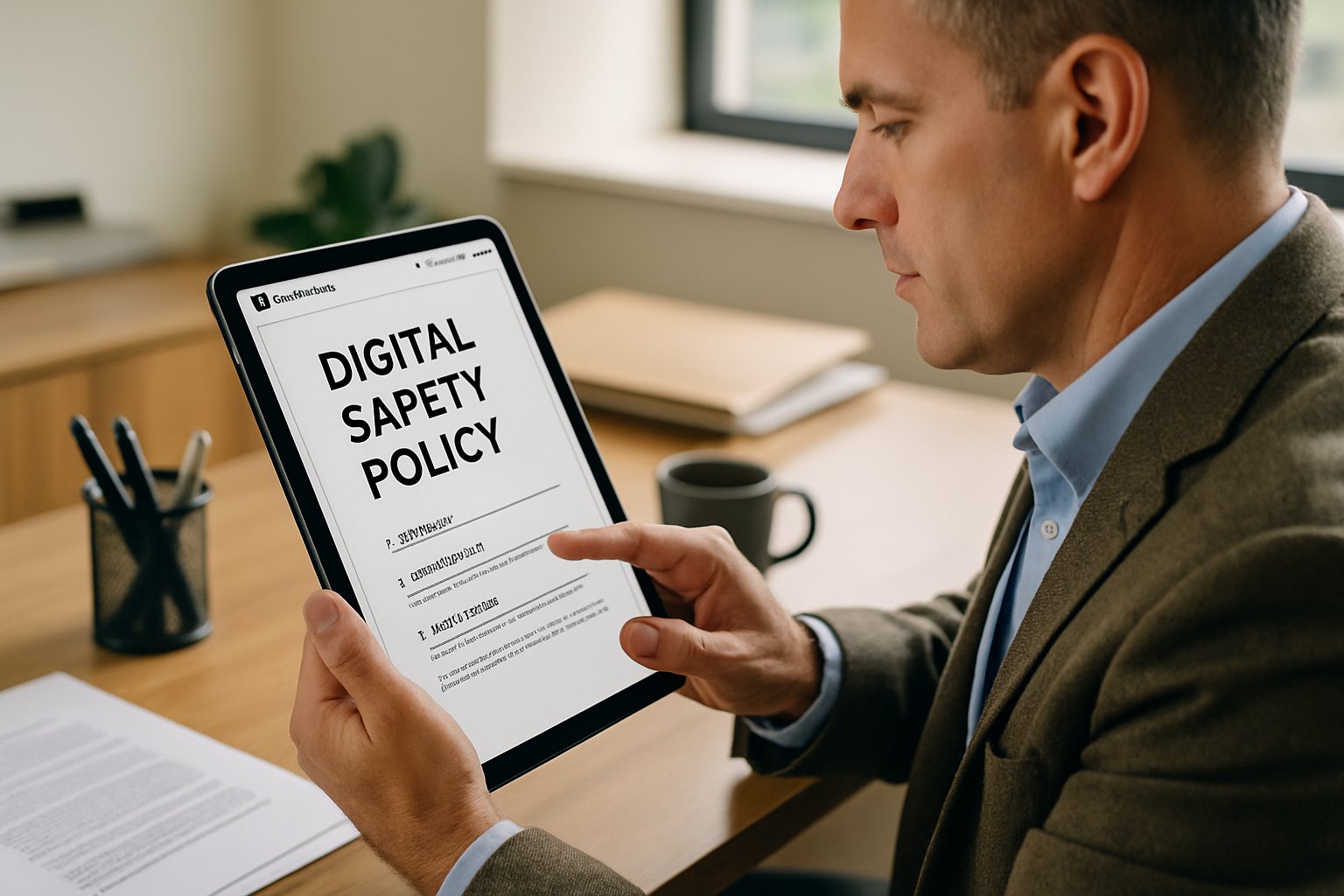 School administrator reviews Adobe Express digital safety policies