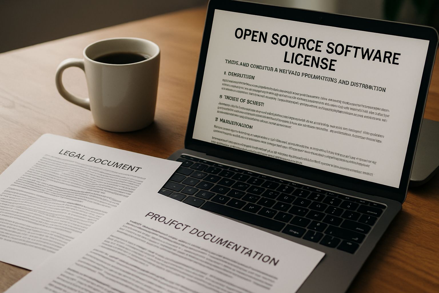 AI Open Source license agreement document beside project files and laptop.