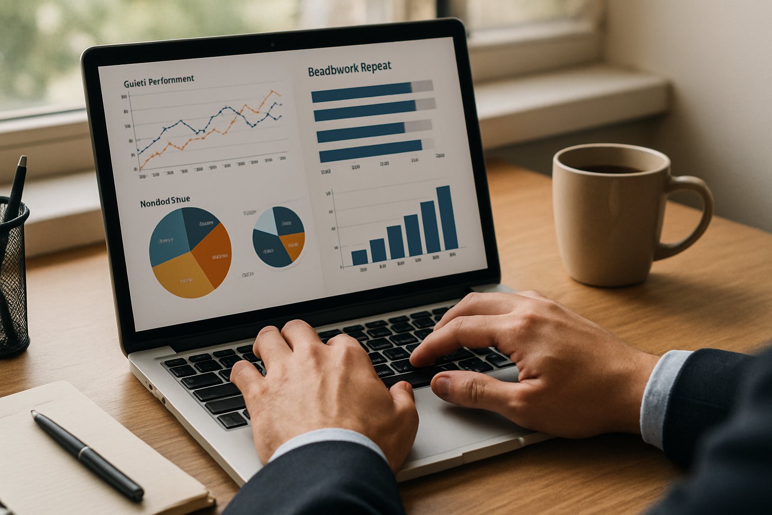 Professional analyzing Model Benchmark Shift results on laptop in office.