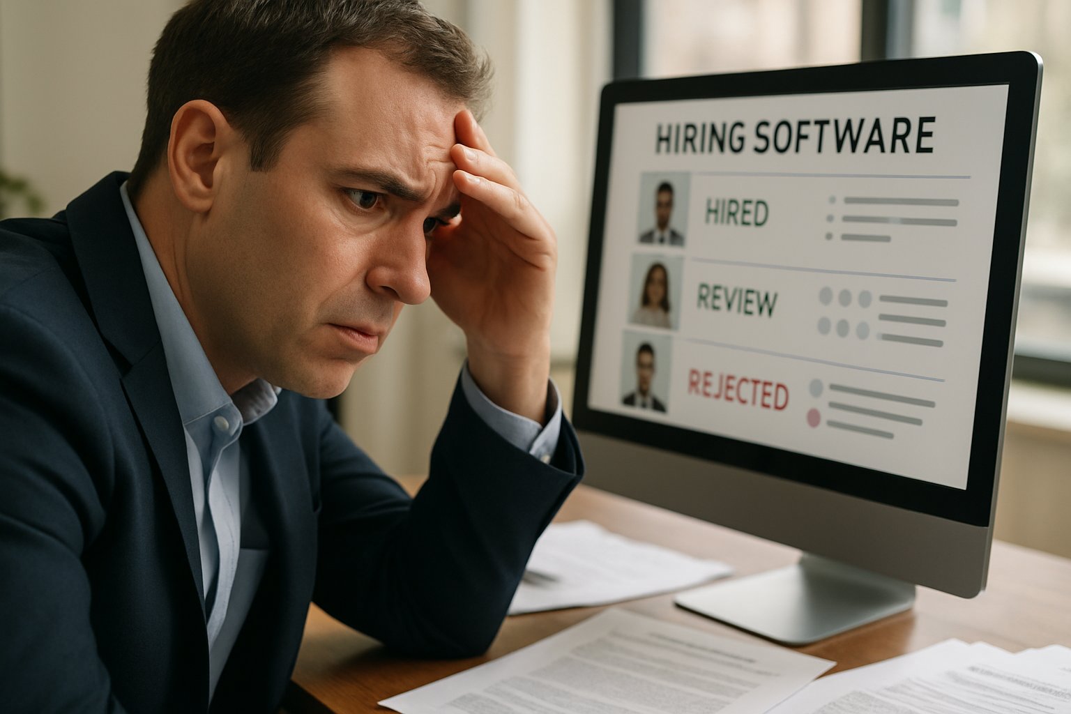 Concerned professional reviewing Algorithmic Discrimination lawsuit against hiring software.