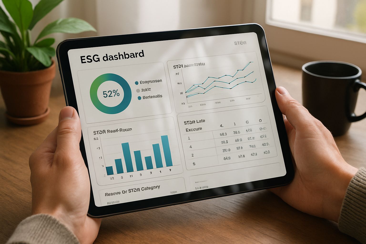 Hands reviewing ESG Transparency metrics on a digital dashboard.