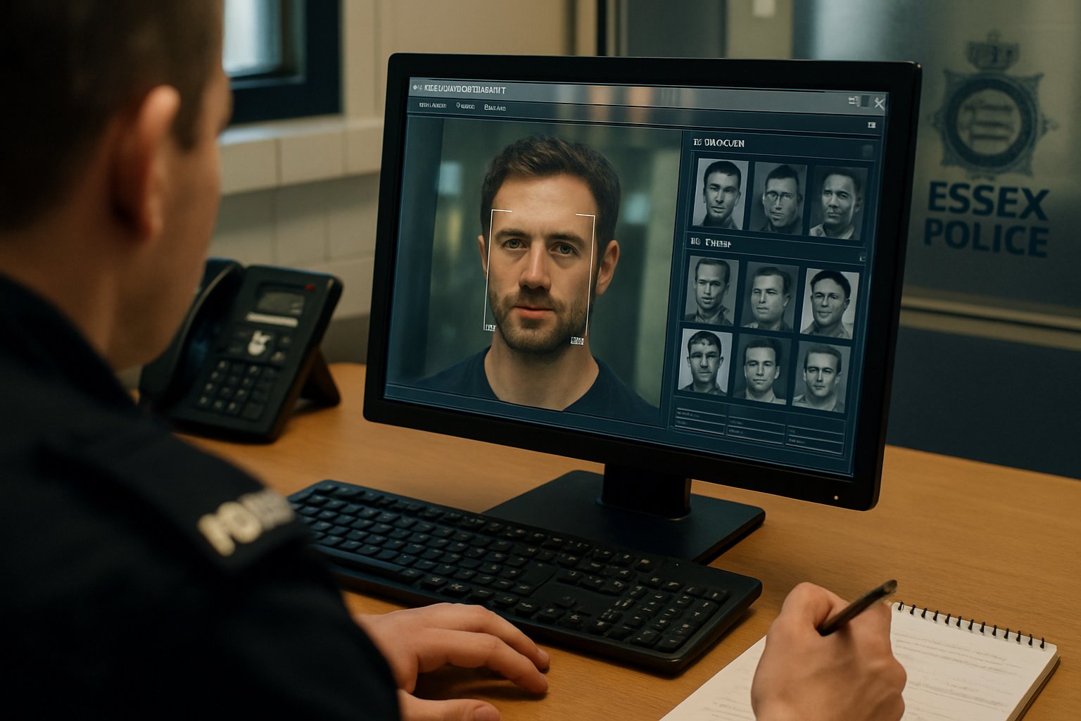 Racial Bias Pause close-up of Essex Police officer analyzing facial recognition data at computer terminal.