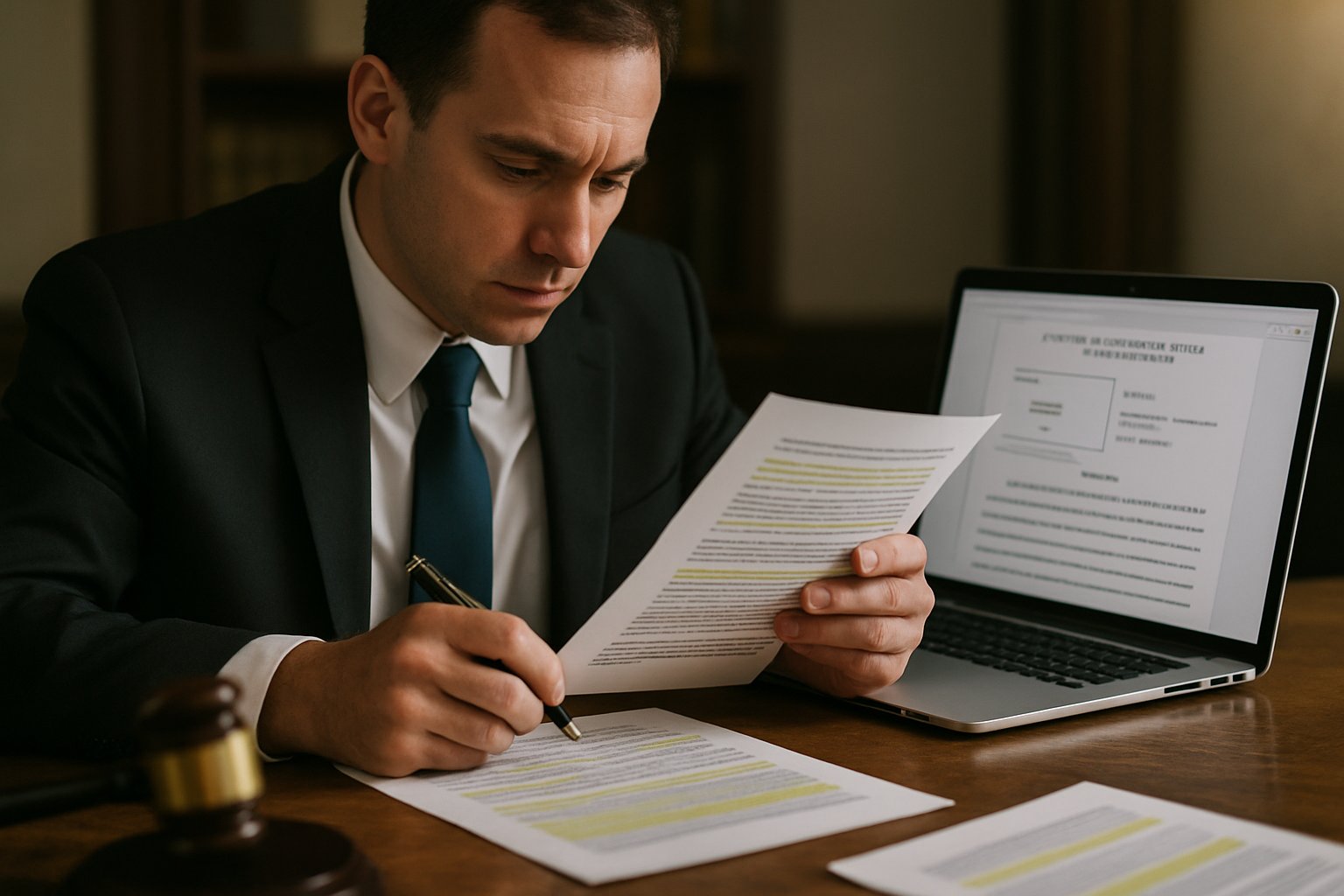 Lawyer analyzing documents for Legal Liability in a law office.