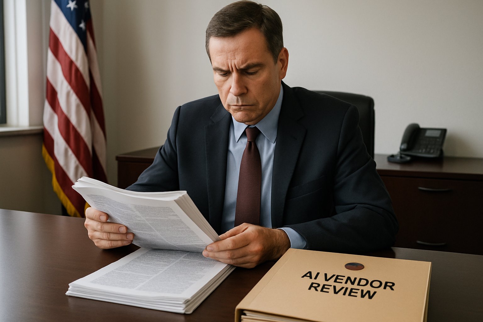 Pentagon Risk depicted as government official reviews delayed AI contracts.