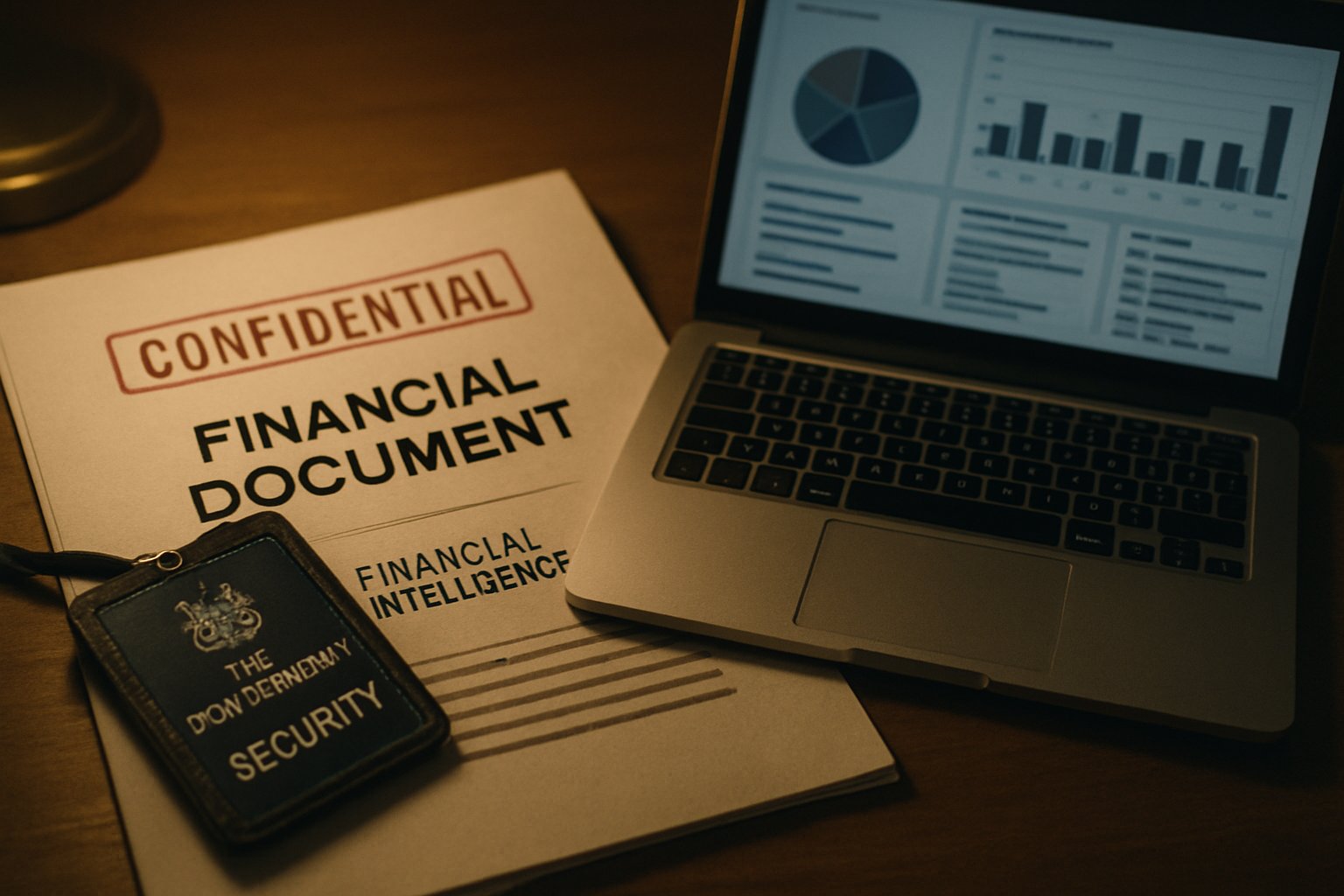 Close-up of Financial Intelligence documents and digital analysis tools