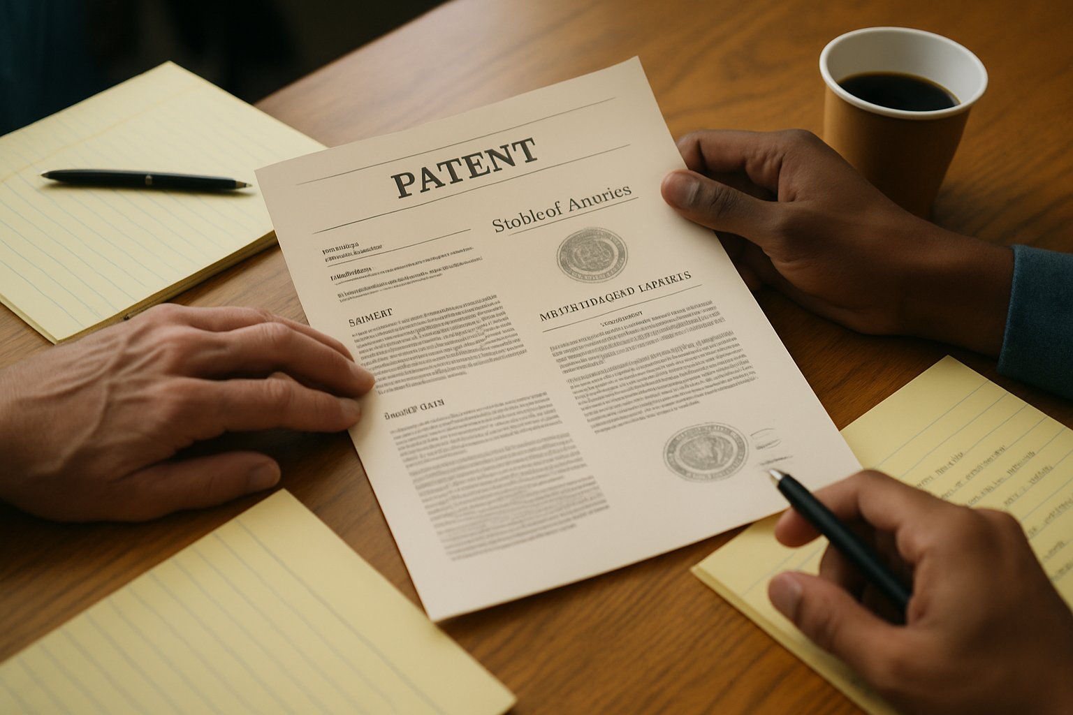 Hands reviewing official patent paperwork in university setting for Patent Strategy.