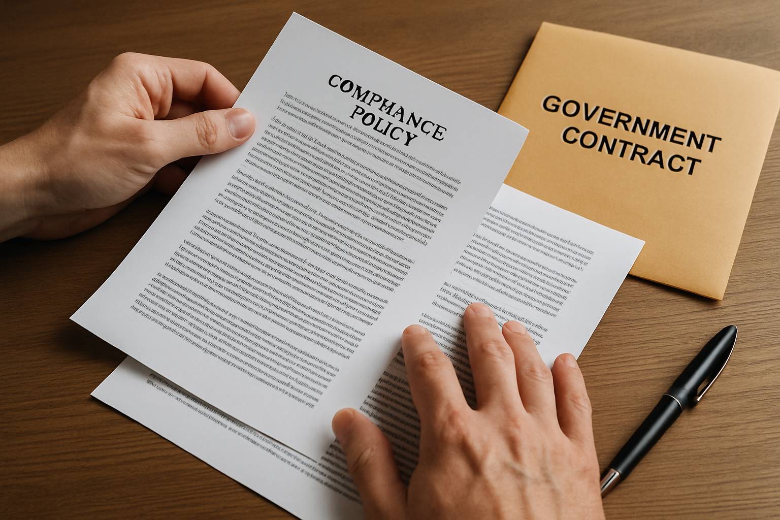 Hands examining Compliance Policy paperwork related to federal procurement risk